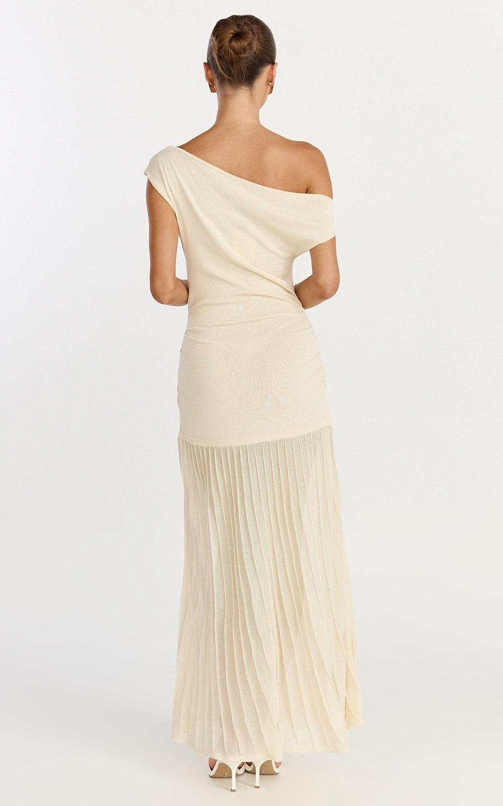 Roxy Maxi Dress - One Shoulder Pleated Skirt Knitted Dress in Cream