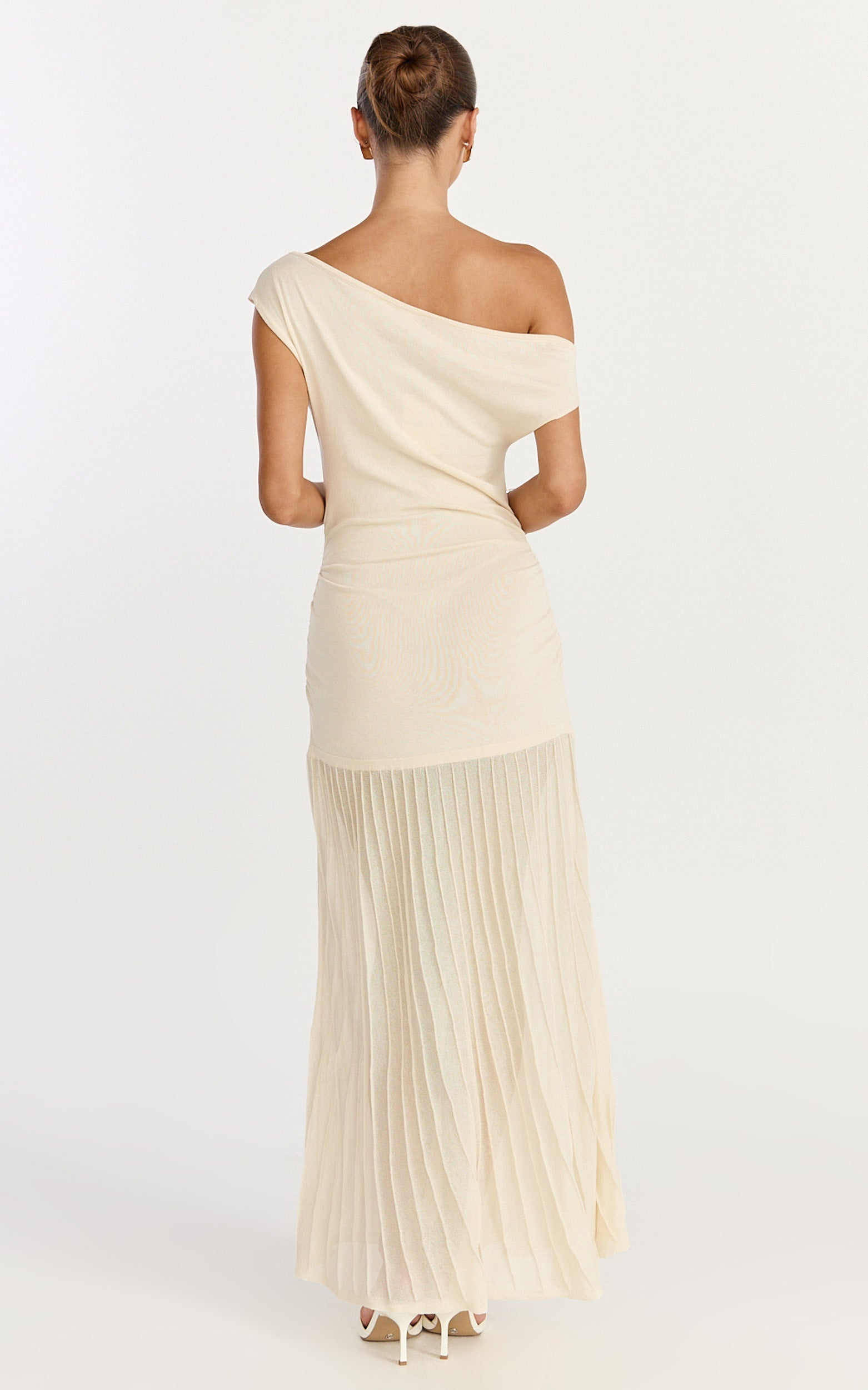 Roxy Maxi Dress - One Shoulder Pleated Skirt Knitted Dress in Cream