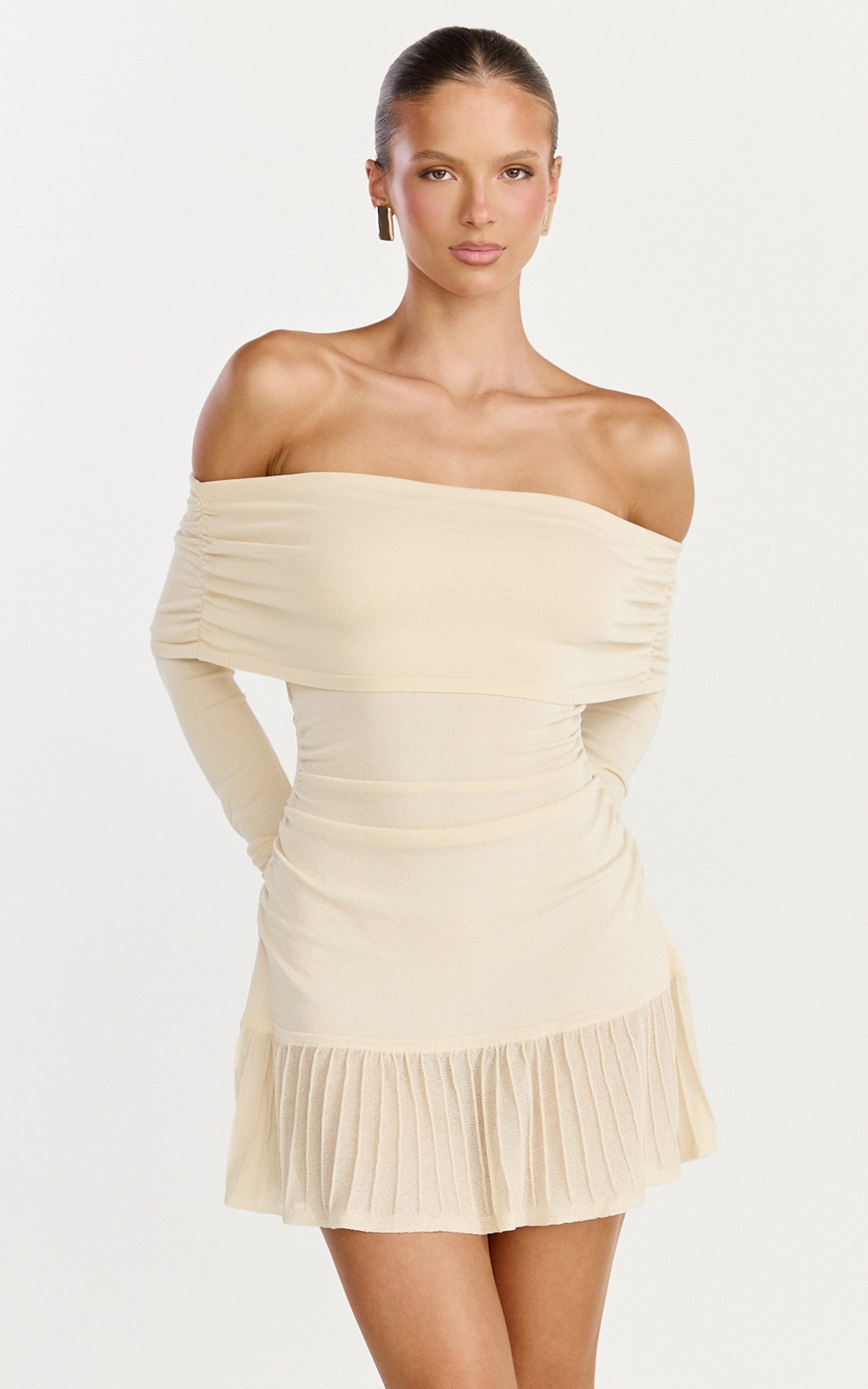 Roxy Mini Dress - Off Shoulder Long Sleeve Pleated Skirt Dress in Cream