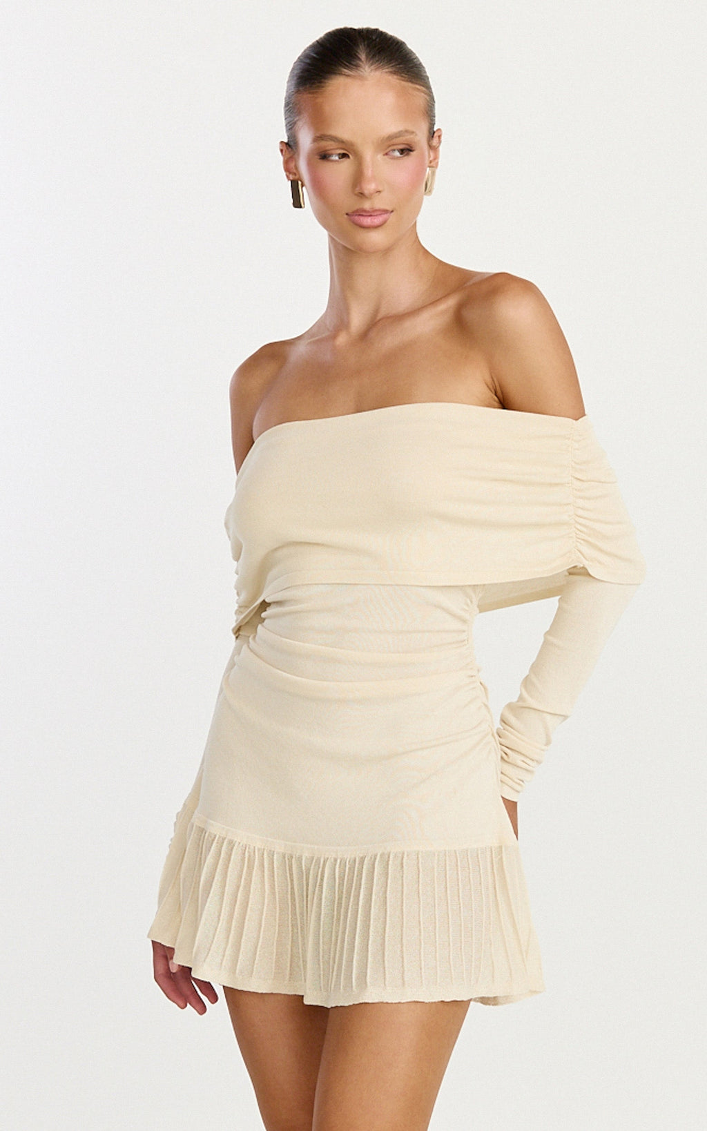 Roxy Mini Dress - Off Shoulder Long Sleeve Pleated Skirt Dress in Cream