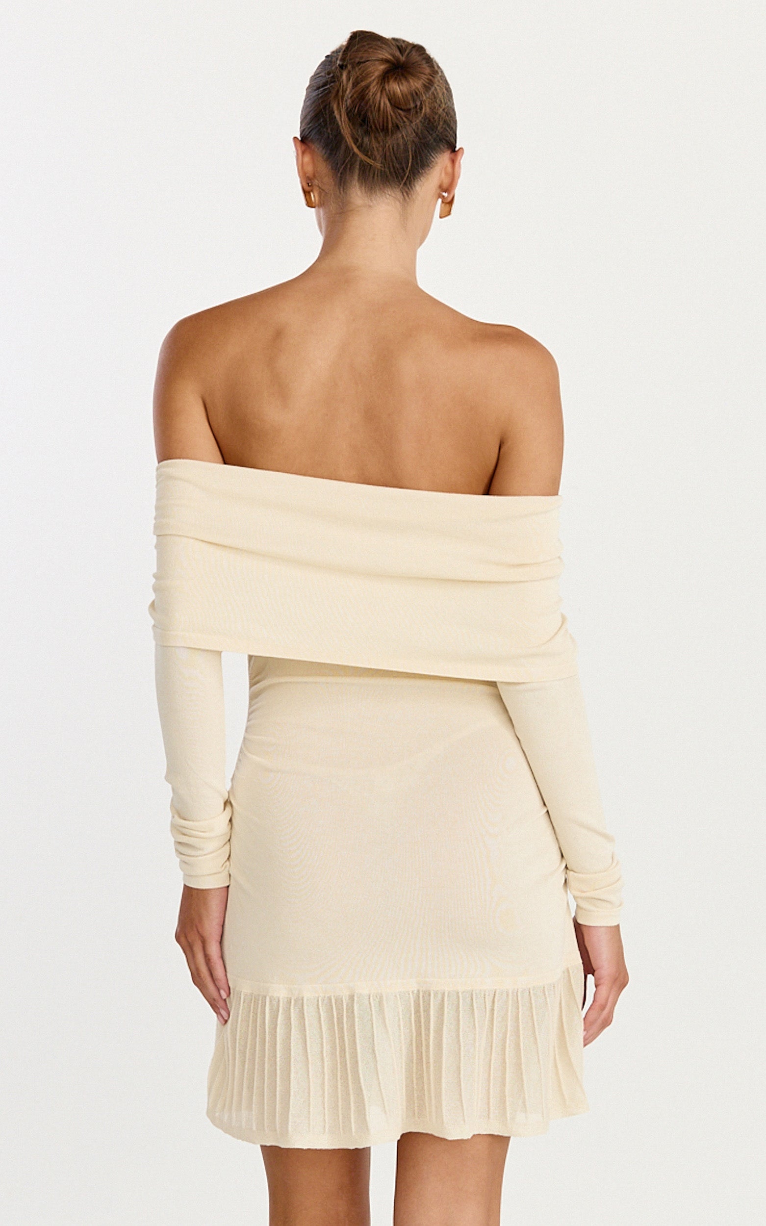 Roxy Mini Dress - Off Shoulder Long Sleeve Pleated Skirt Dress in Cream