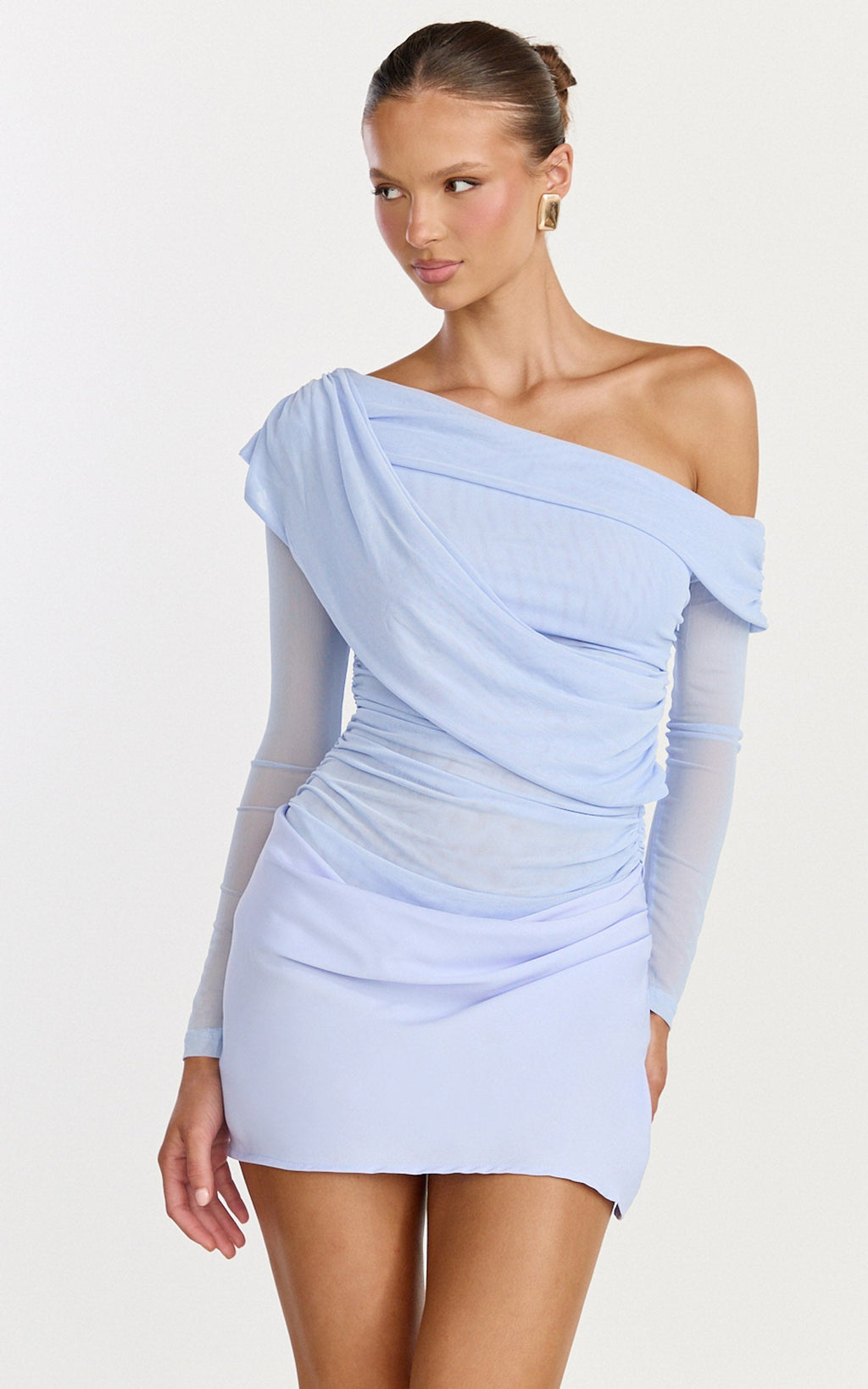 Cyra Mini Dress - Long Sleeve Drape Overlay Dress in Blue