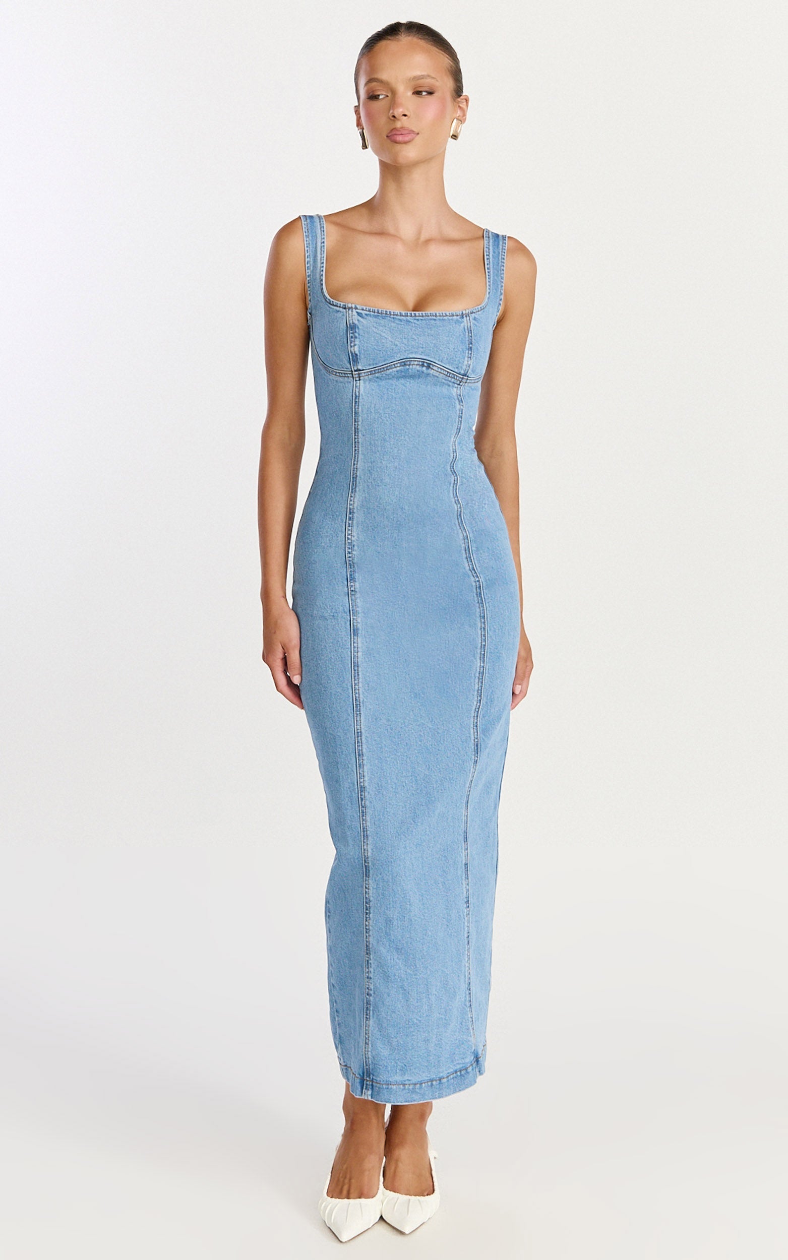 Kristie Midi Dress - Wide Neck Corset Detail Denim Dress in Light Mid Blue