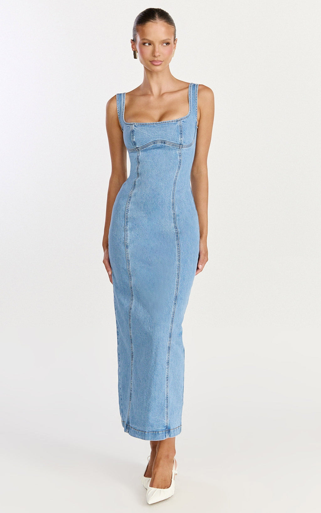 Kristie Midi Dress - Wide Neck Corset Detail Denim Dress in Light Mid Blue