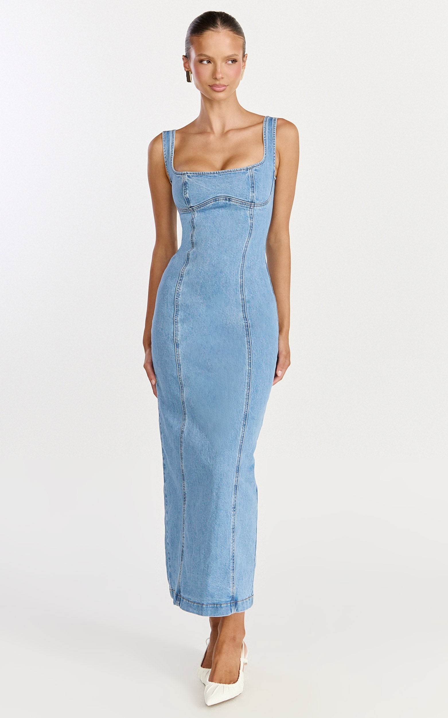 Kristie Midi Dress - Wide Neck Corset Detail Denim Dress in Light Mid Blue