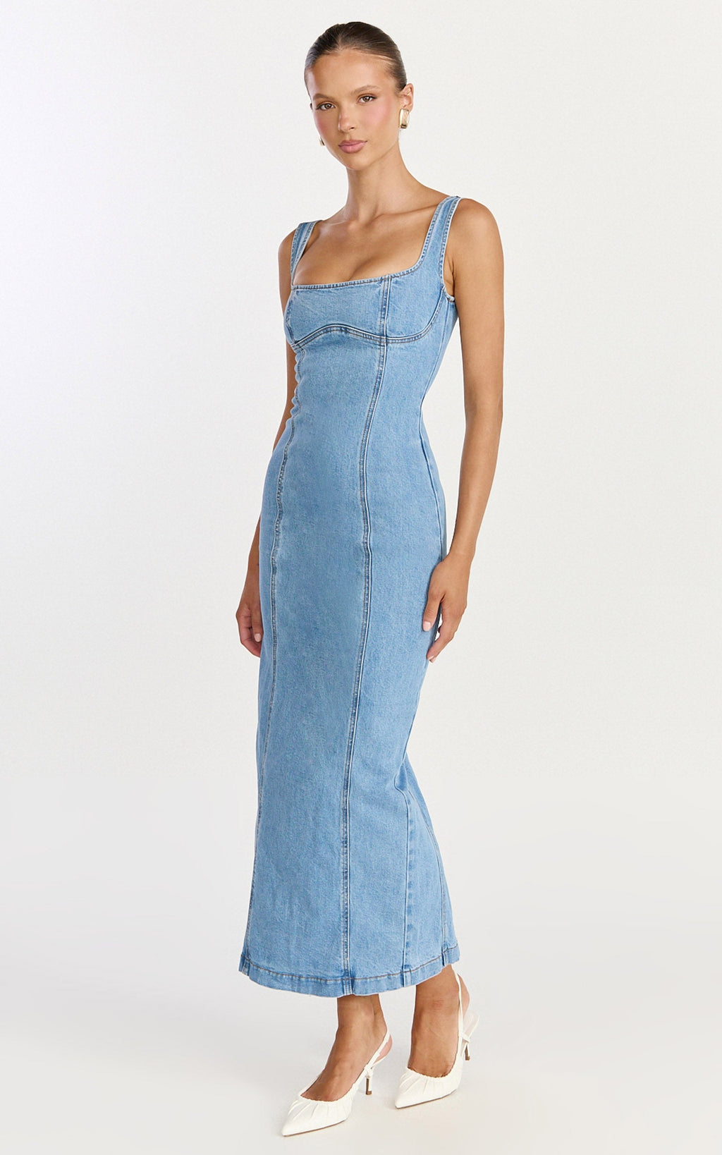Kristie Midi Dress - Wide Neck Corset Detail Denim Dress in Light Mid Blue