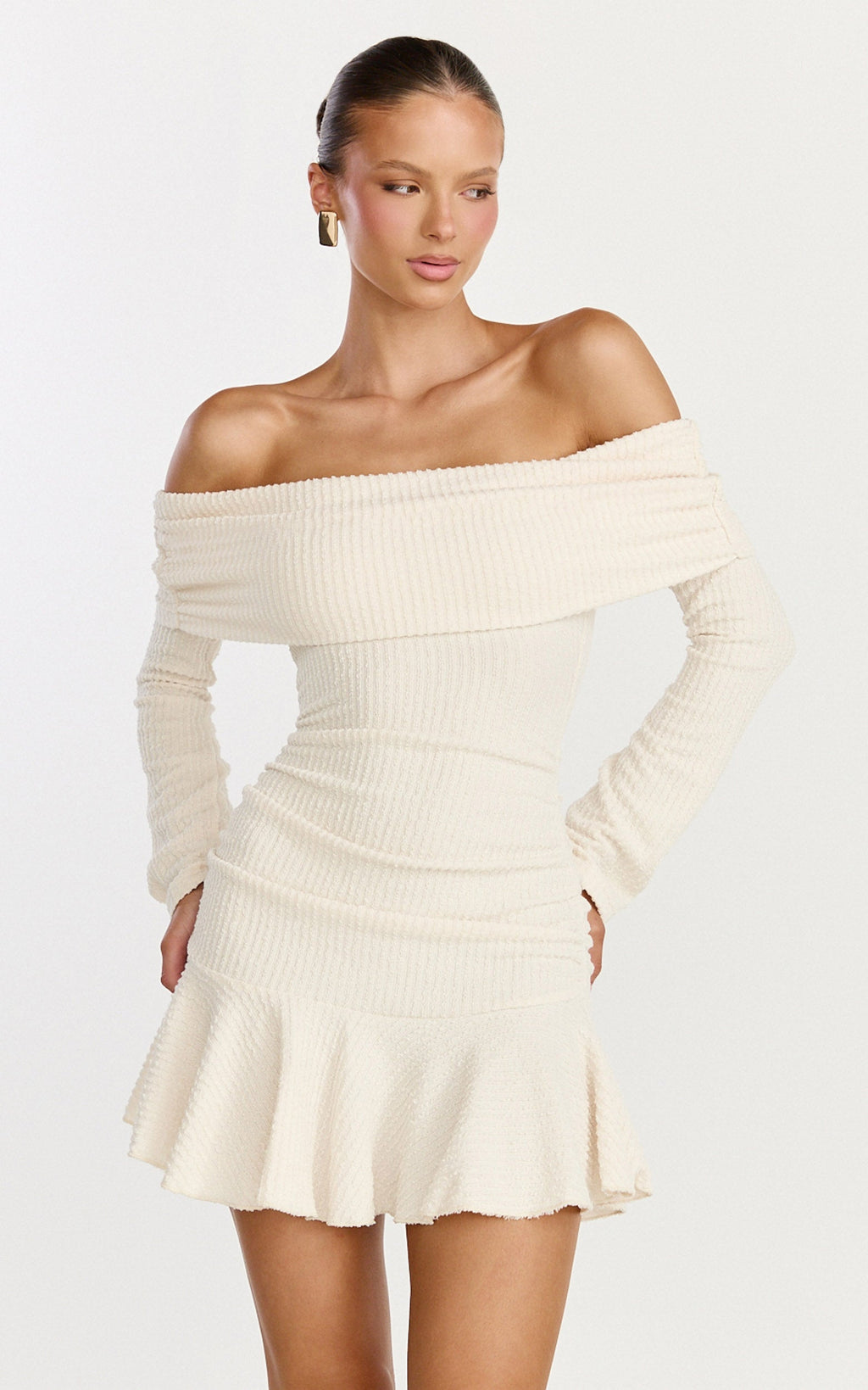 Maeve Mini Dress - Off Shoulder Long Sleeve Fit And Flare Mini Dress in Cream