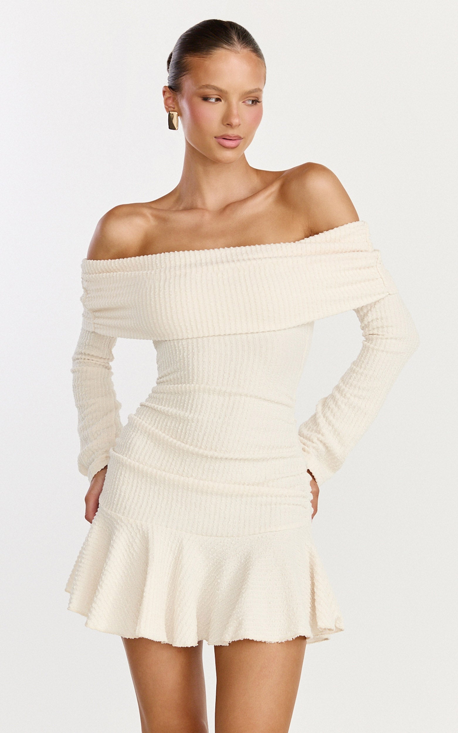 Maeve Mini Dress - Off Shoulder Long Sleeve Fit And Flare Mini Dress in Cream