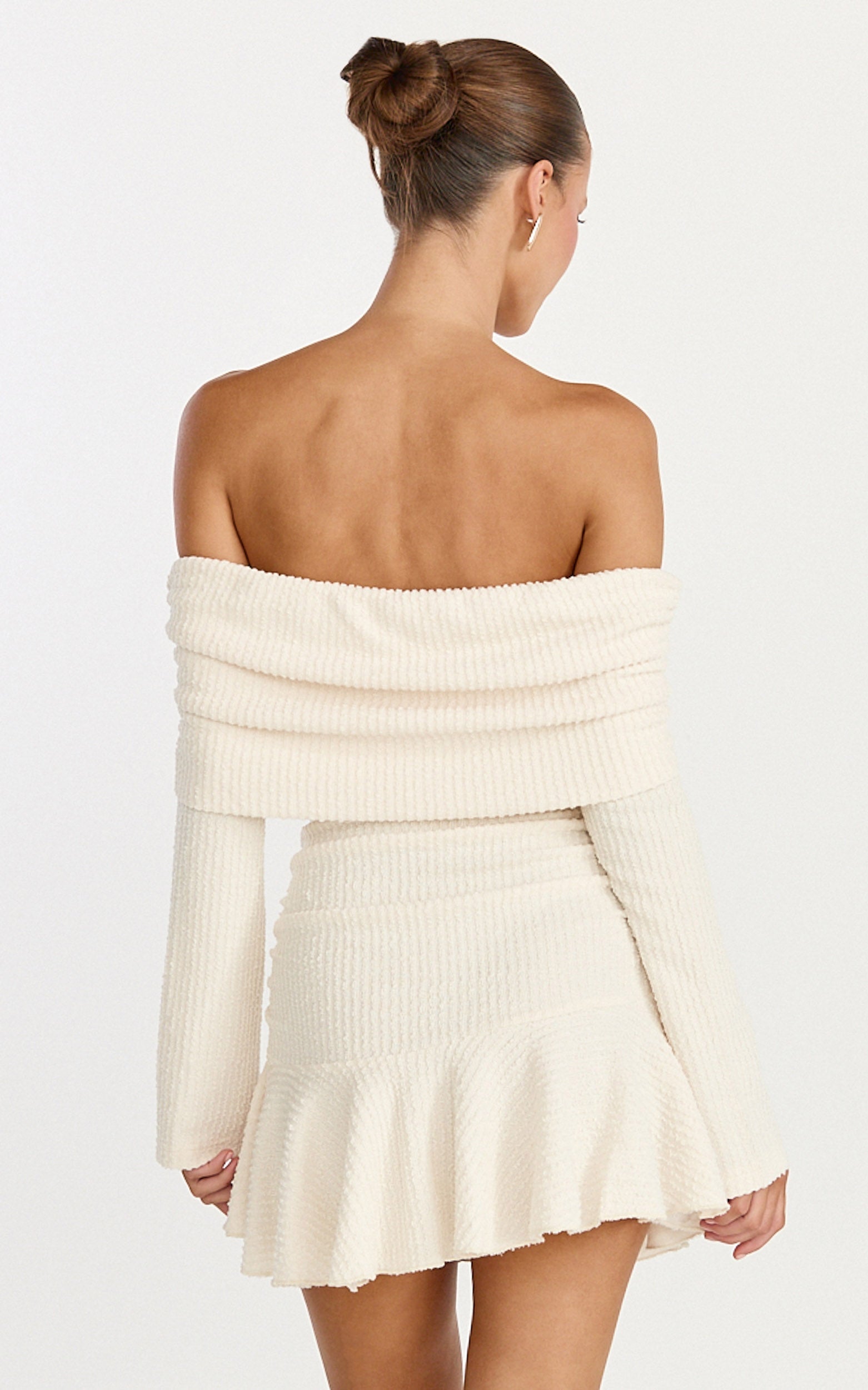 Maeve Mini Dress - Off Shoulder Long Sleeve Fit And Flare Mini Dress in Cream