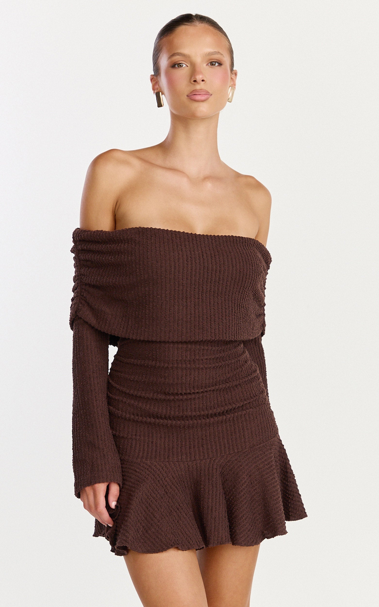 Maeve Mini Dress - Off Shoulder Long Sleeve Fit And Flare Mini Dress in Chocolate