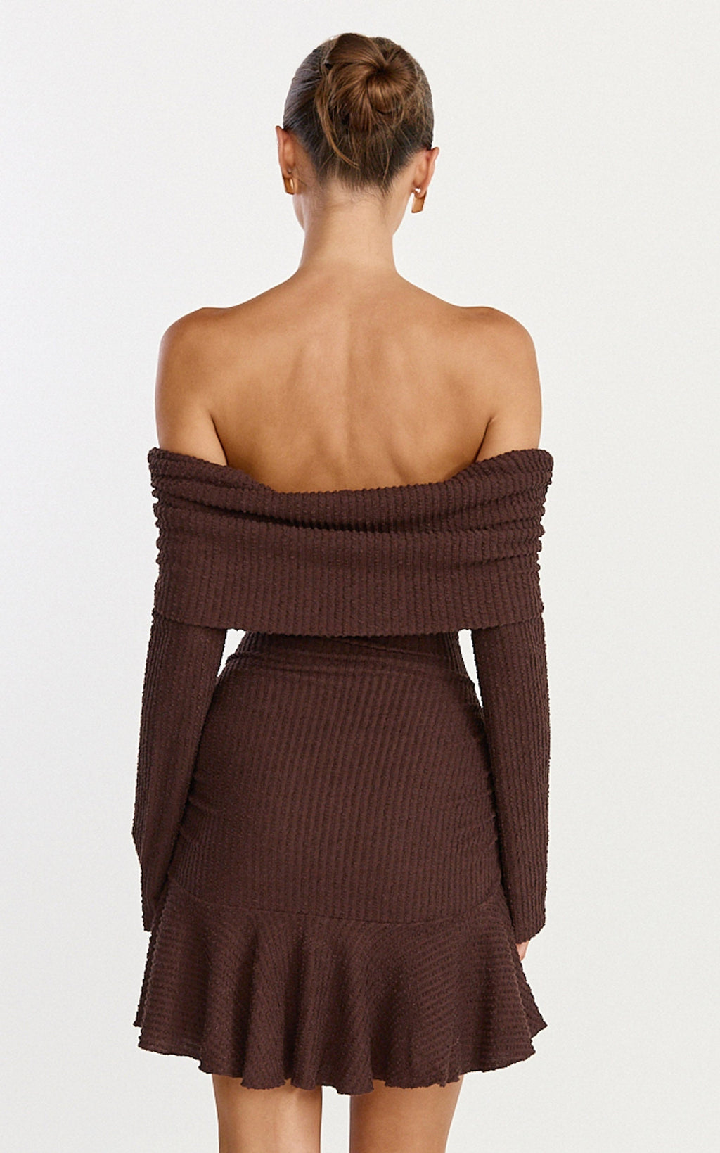 Maeve Mini Dress - Off Shoulder Long Sleeve Fit And Flare Mini Dress in Chocolate