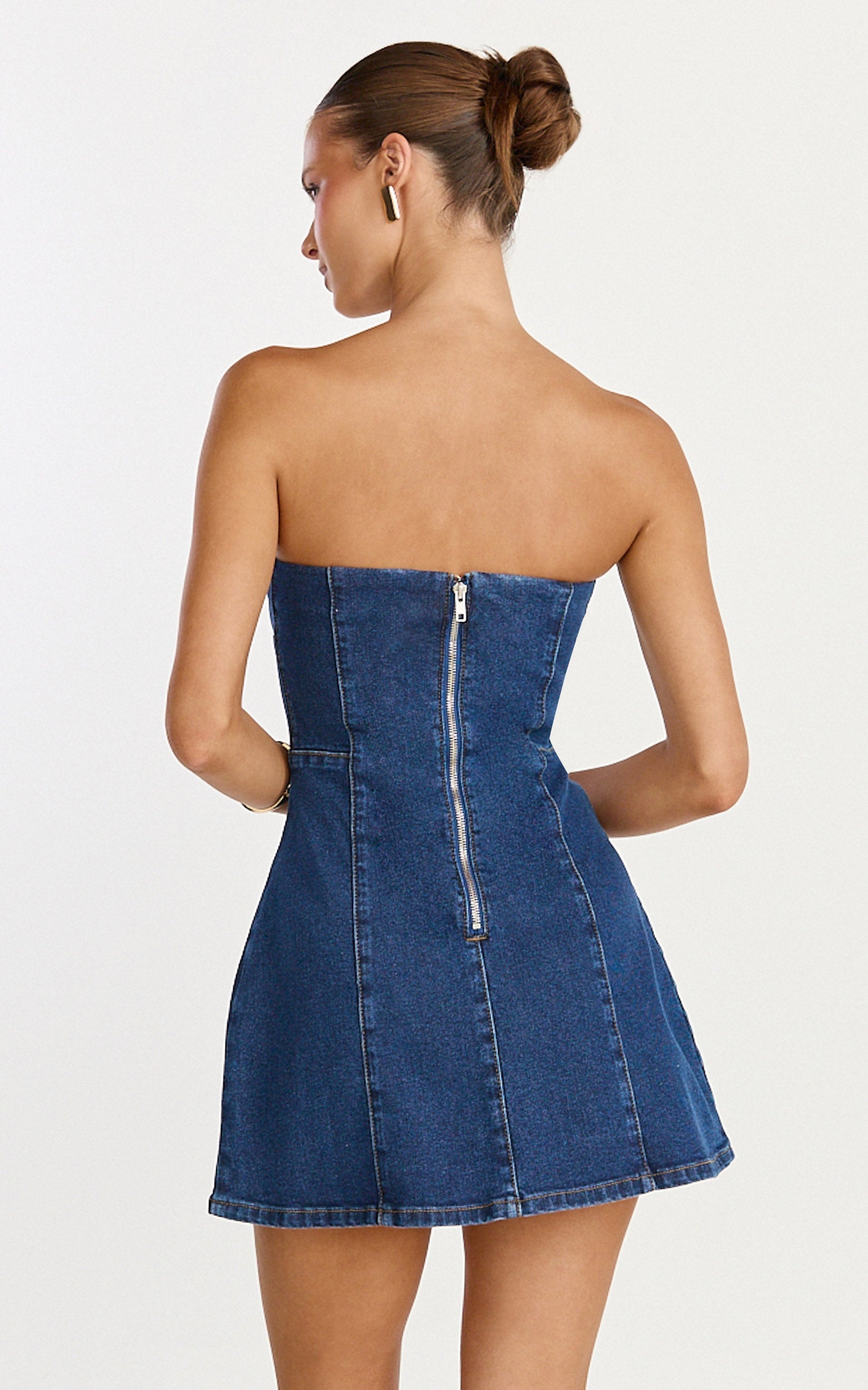 Mirabel Mini Dress - Denim Strapless A Line Mini Dress in Dark Mid Blue Wash