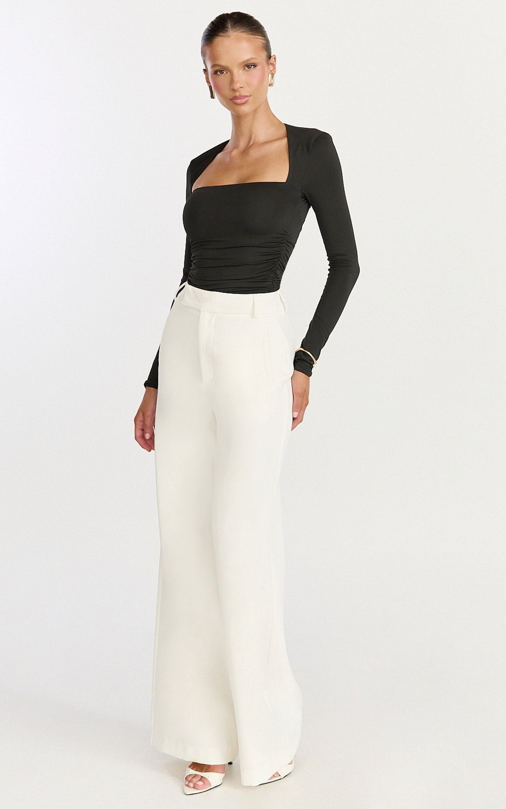 Seraphina Top - Long Sleeve Square Neck Gathered Waist Top in Black