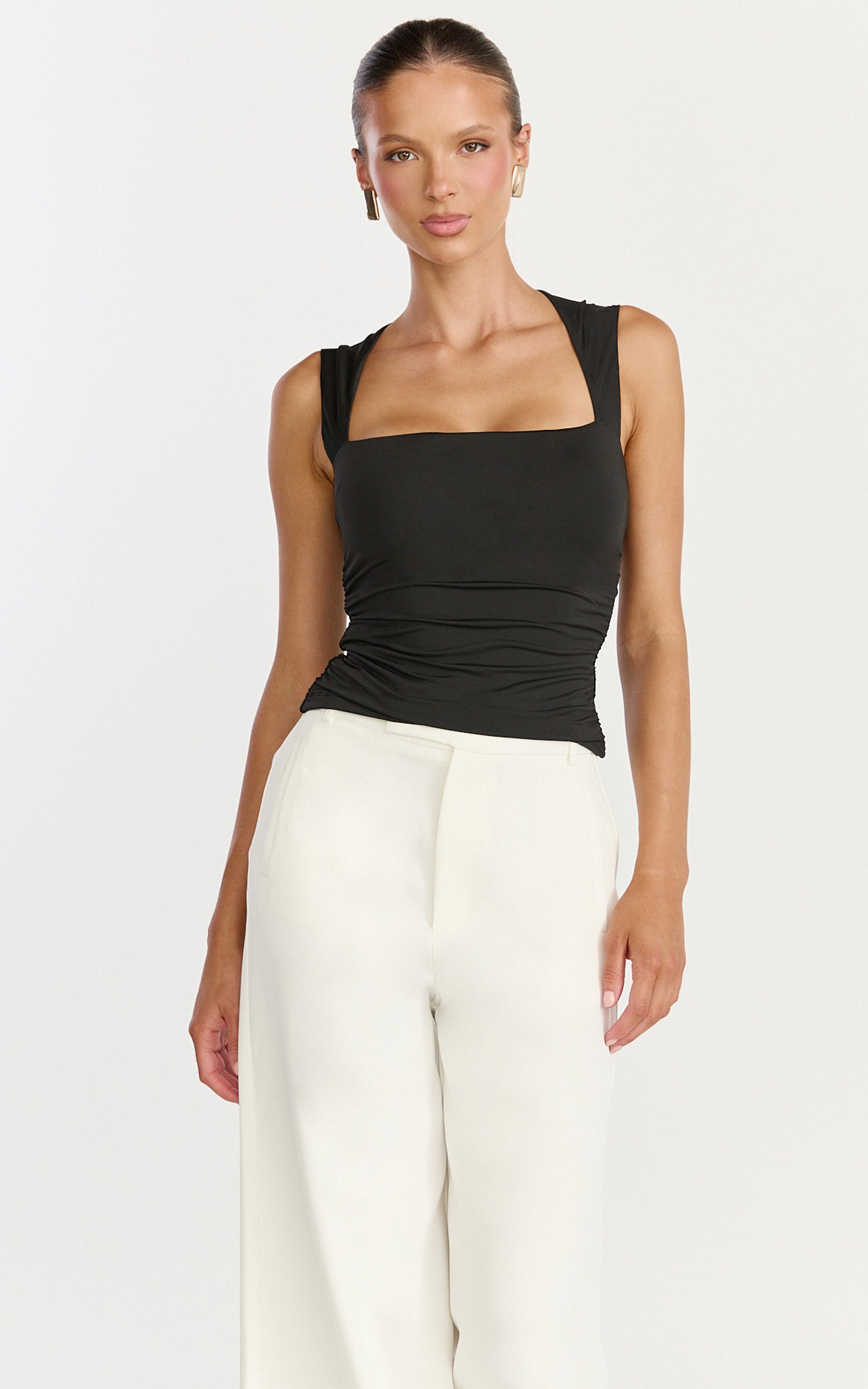 Seraphina Top - Square Neck Gathered Waist Top in Black