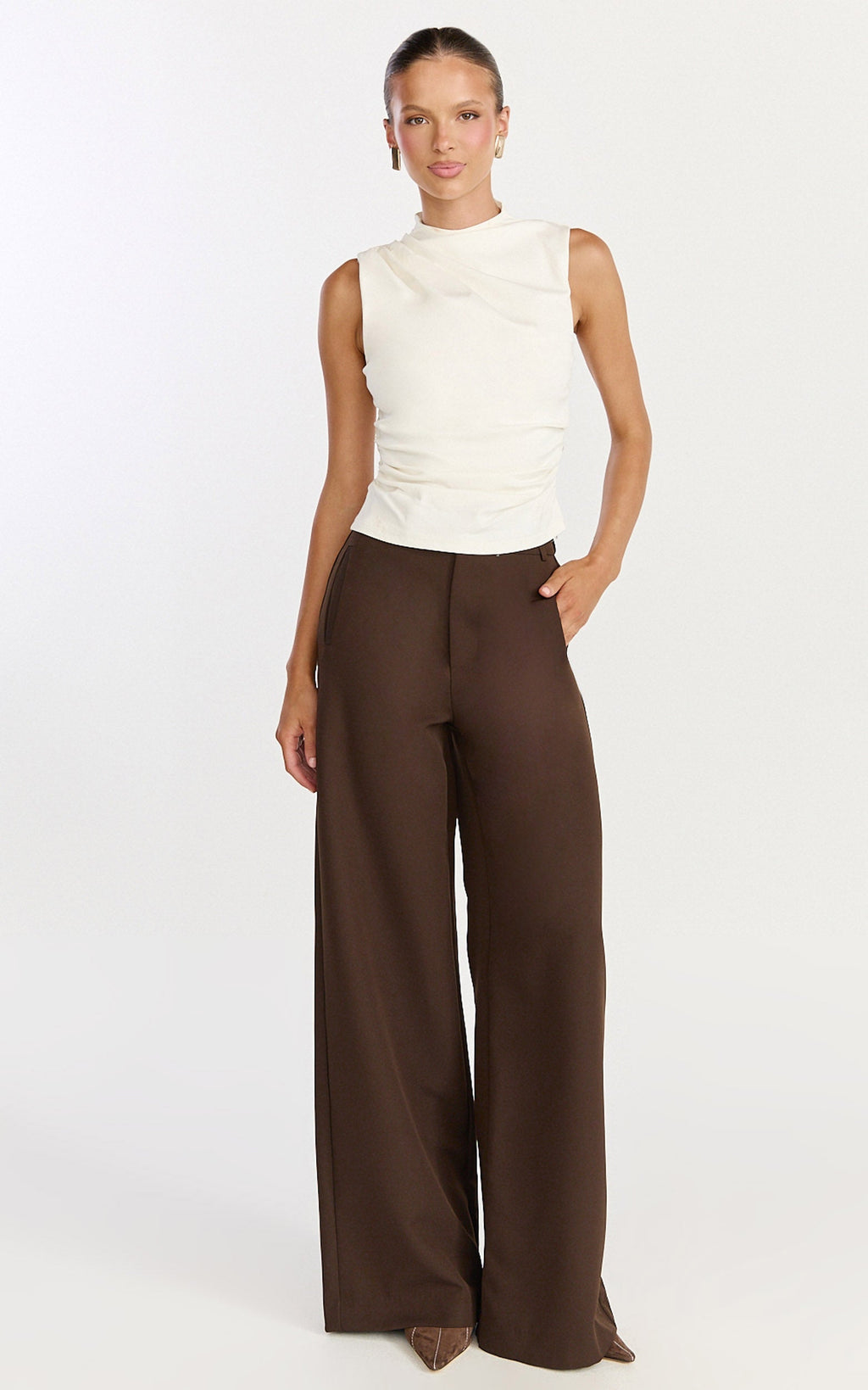 Gisandra Top - High Neck Gathered Sleeveless Top in Cream