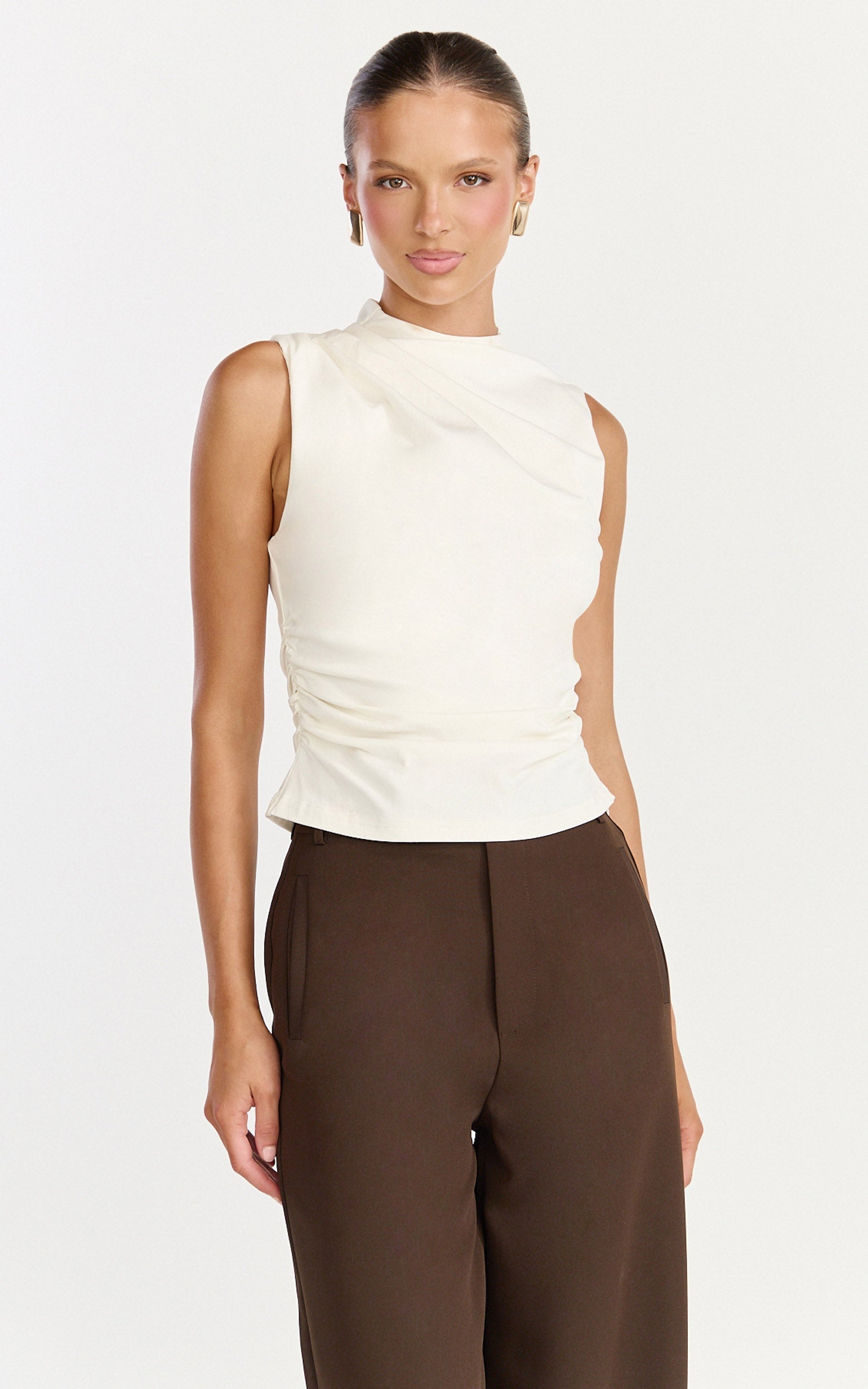Gisandra Top - High Neck Gathered Sleeveless Top in Cream