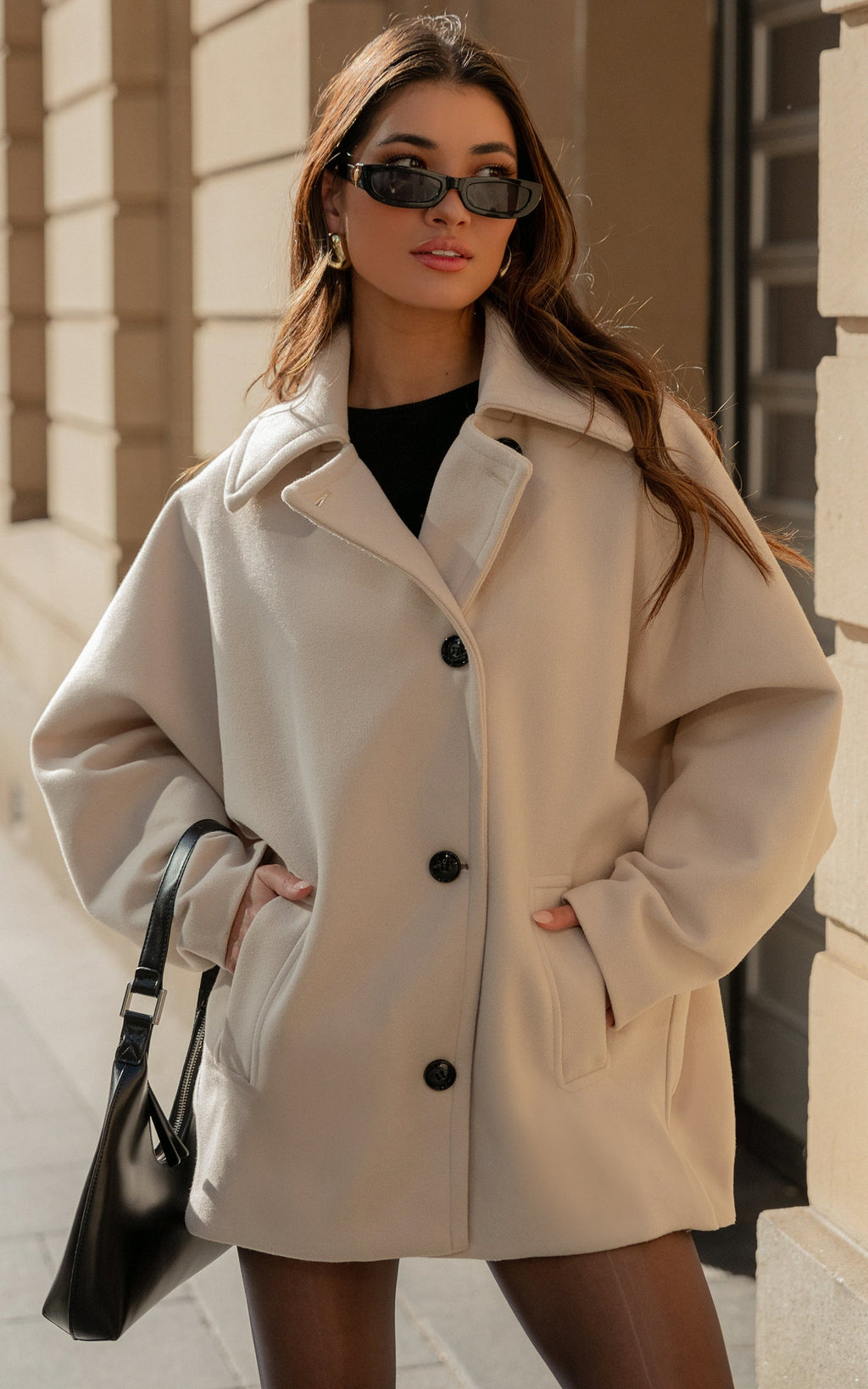Claudia Coat - Oversized Three-Button Front Closure Coat in Beige