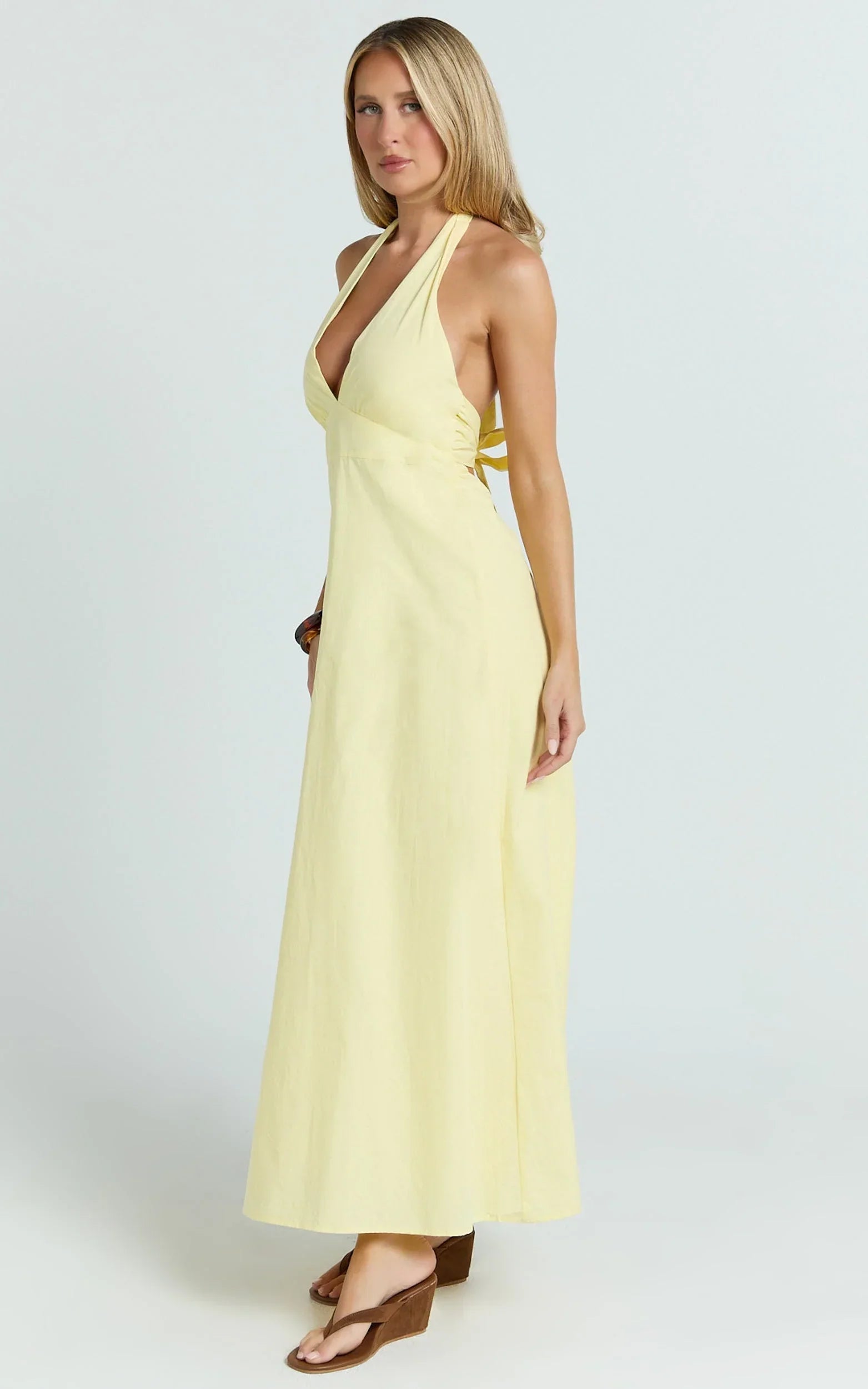 Connor Maxi Dress - Halter Neck Tie Back Dress in Lemon