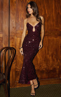 Finn Maxi Dress - Plunge Neck Sheer Sequin Slip Dress in Wine