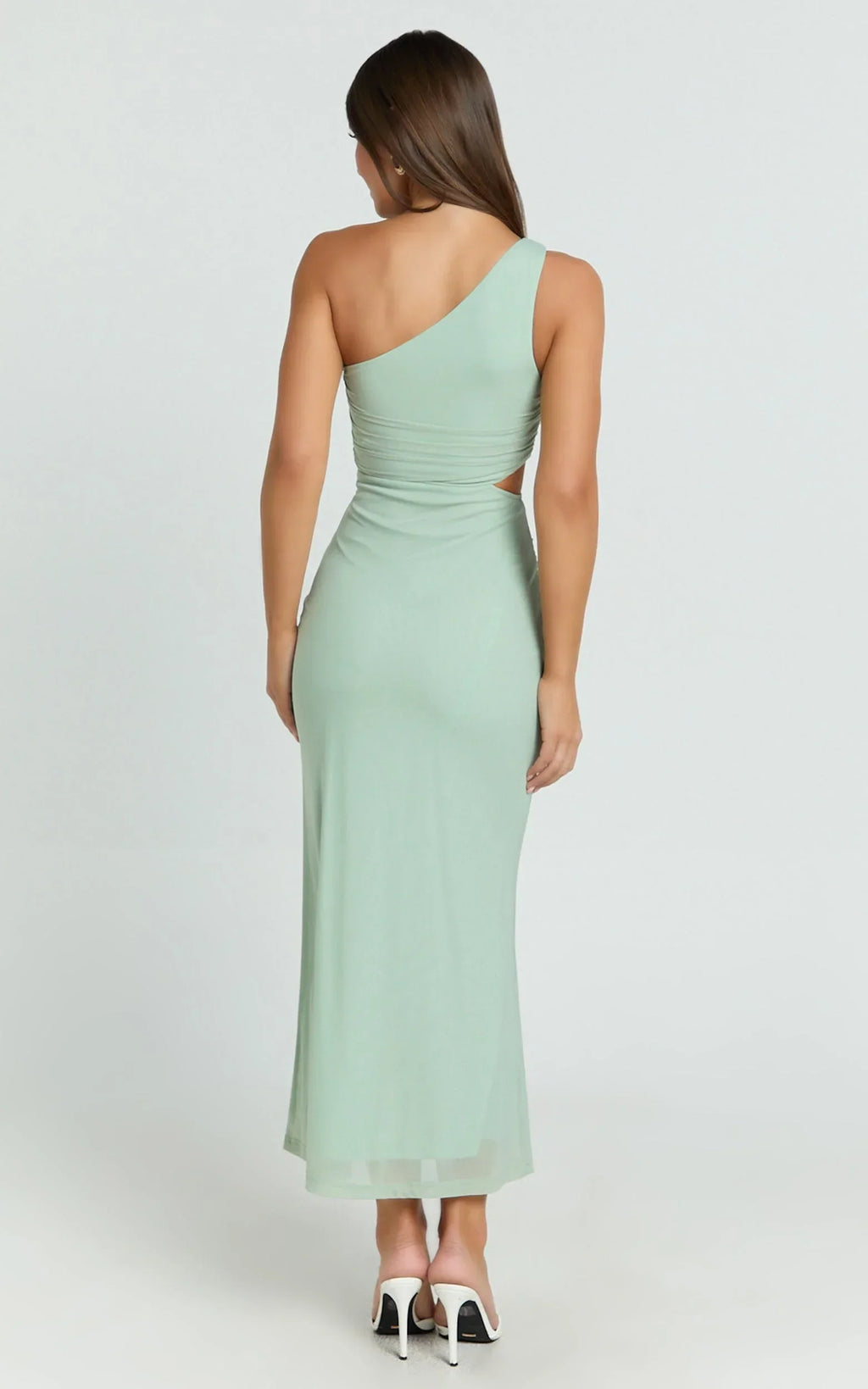 Mandy Midi Dress - Knot Detail Cut Out Mesh Dress in Sage