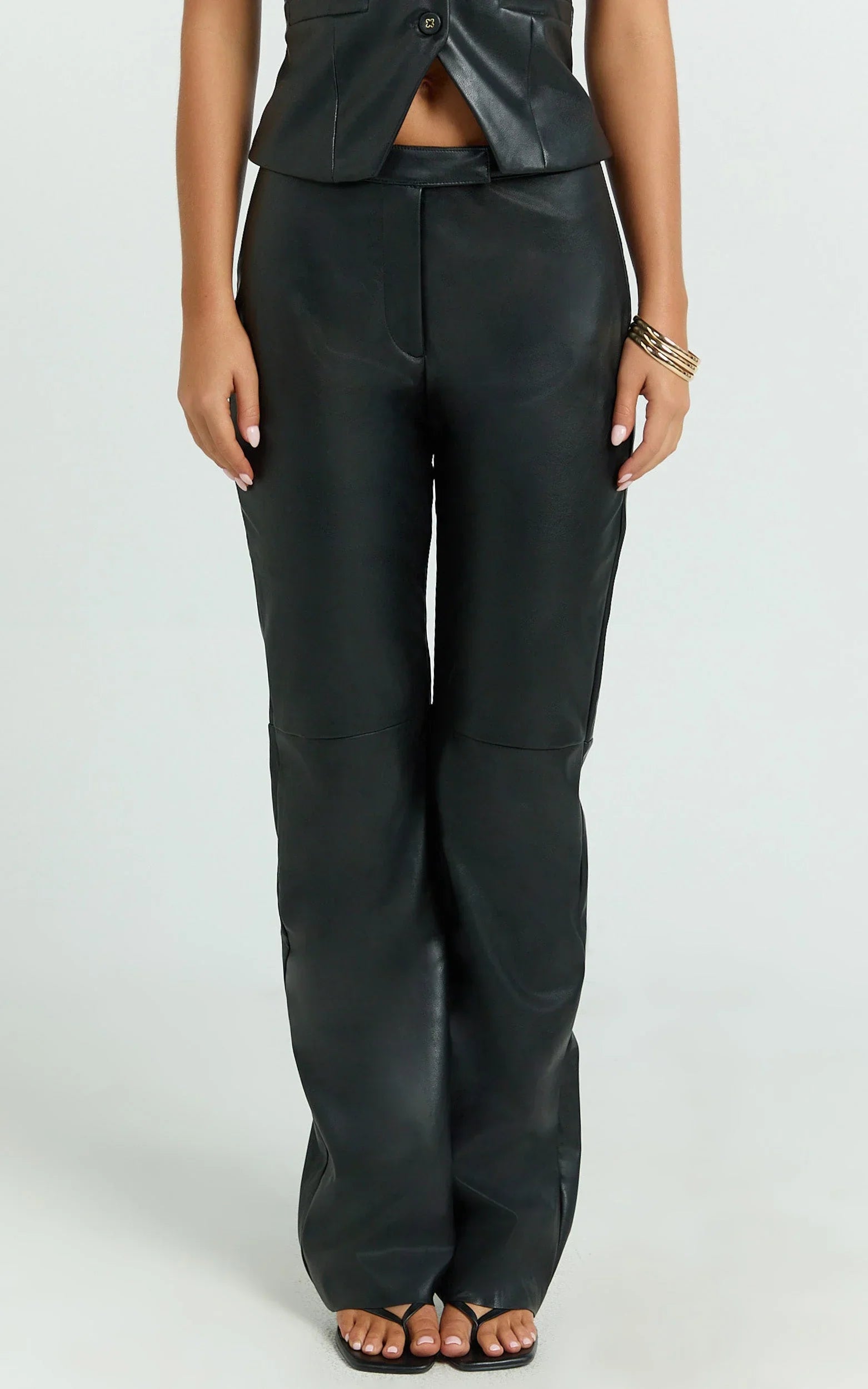 Marzia Pants - Faux Leather Mid Waisted Straight Leg Pants in Black