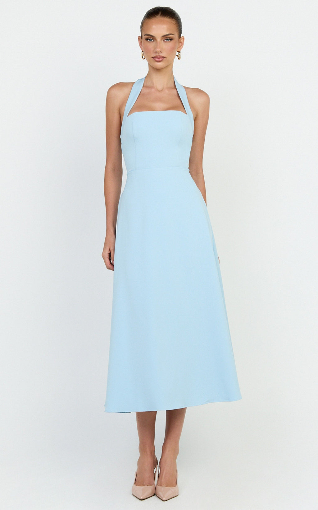 Karissa Midi Dress - Halter Neck Fitted Bodice Midi Soft A Line Skirt Dress in Pale Blue