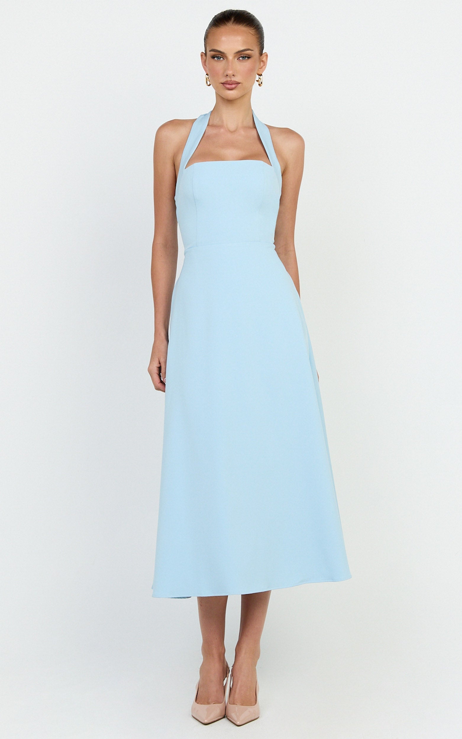 Karissa Midi Dress - Halter Neck Fitted Bodice Midi Soft A Line Skirt Dress in Pale Blue