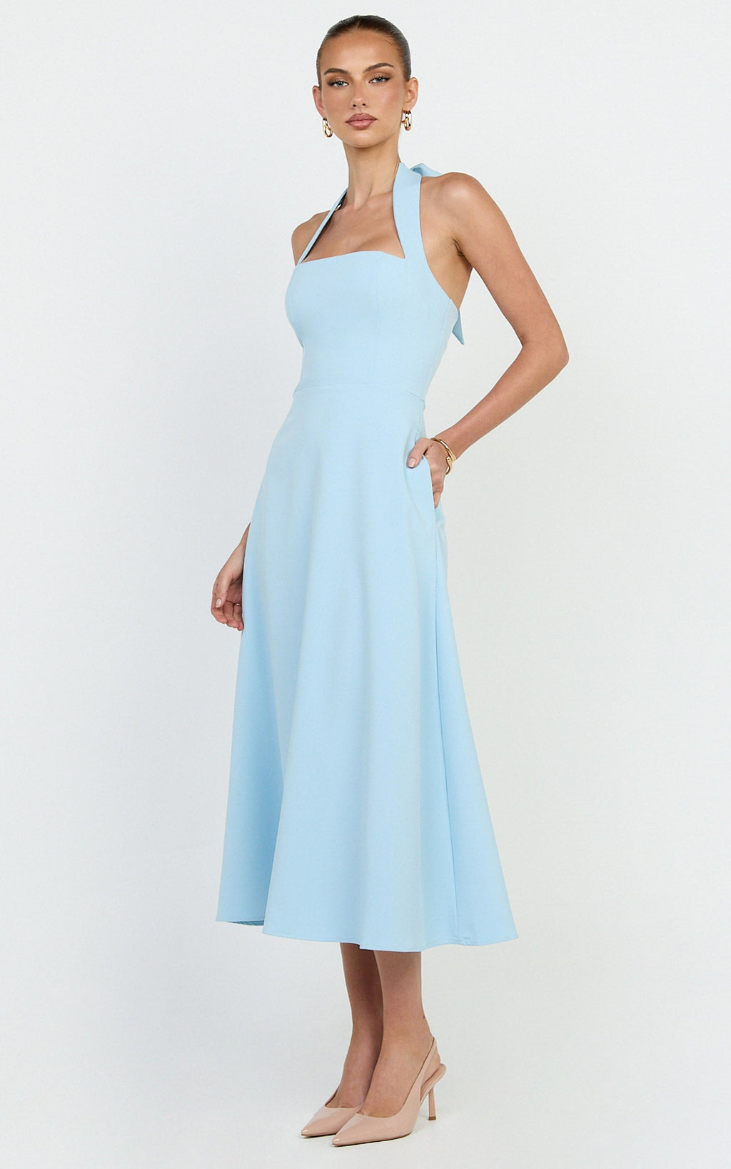 Karissa Midi Dress - Halter Neck Fitted Bodice Midi Soft A Line Skirt Dress in Pale Blue