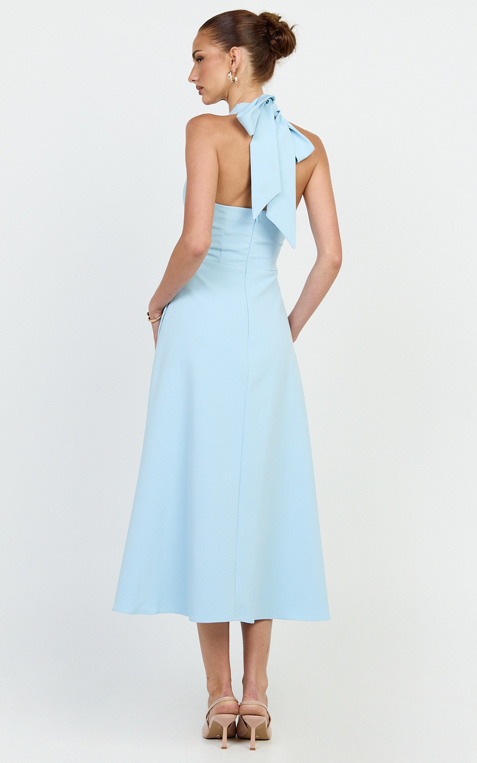 Karissa Midi Dress - Halter Neck Fitted Bodice Midi Soft A Line Skirt Dress in Pale Blue
