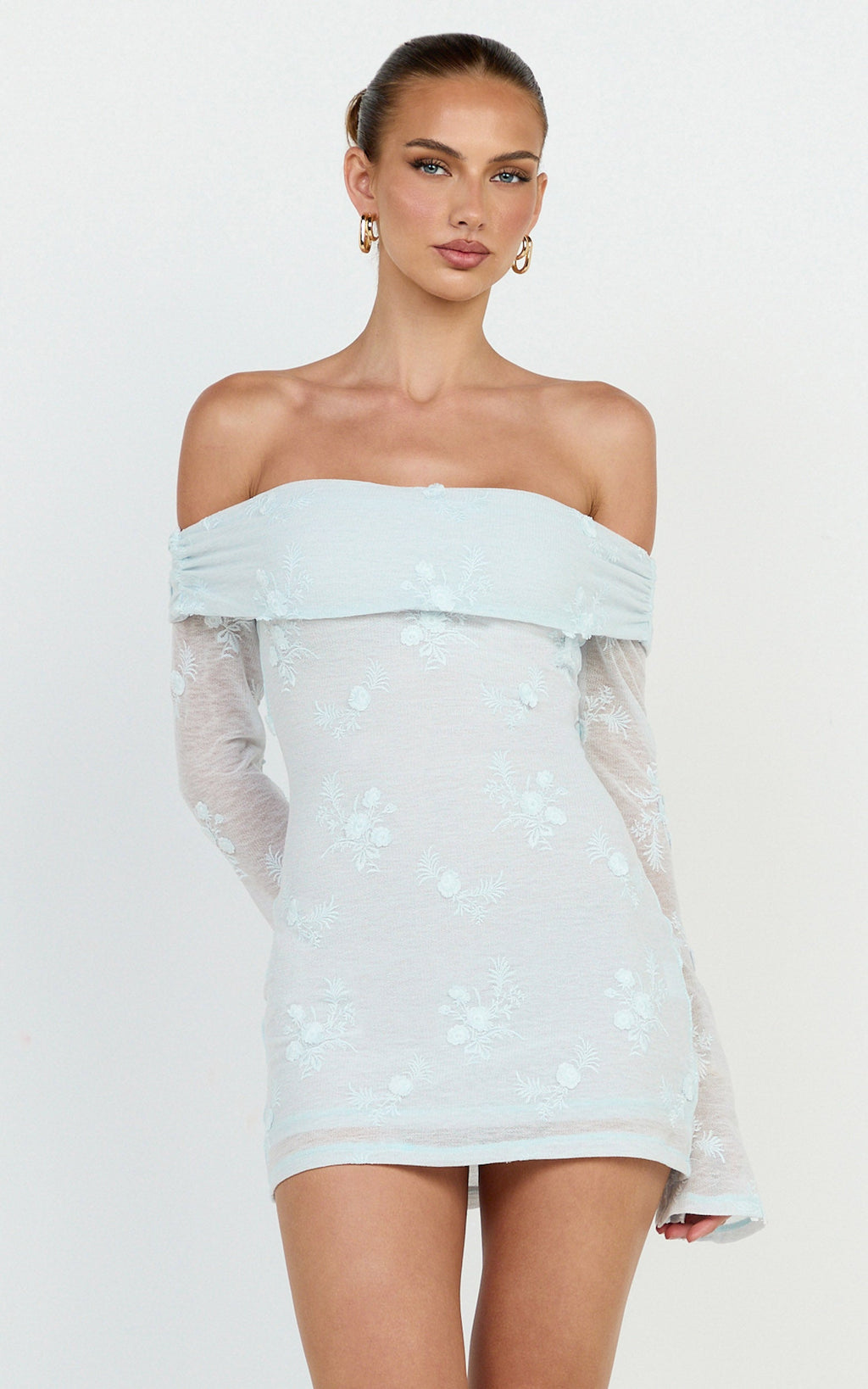 Raymond Mini Dress - Off Shoulder Long Sleeve Fitted Dress in Blue