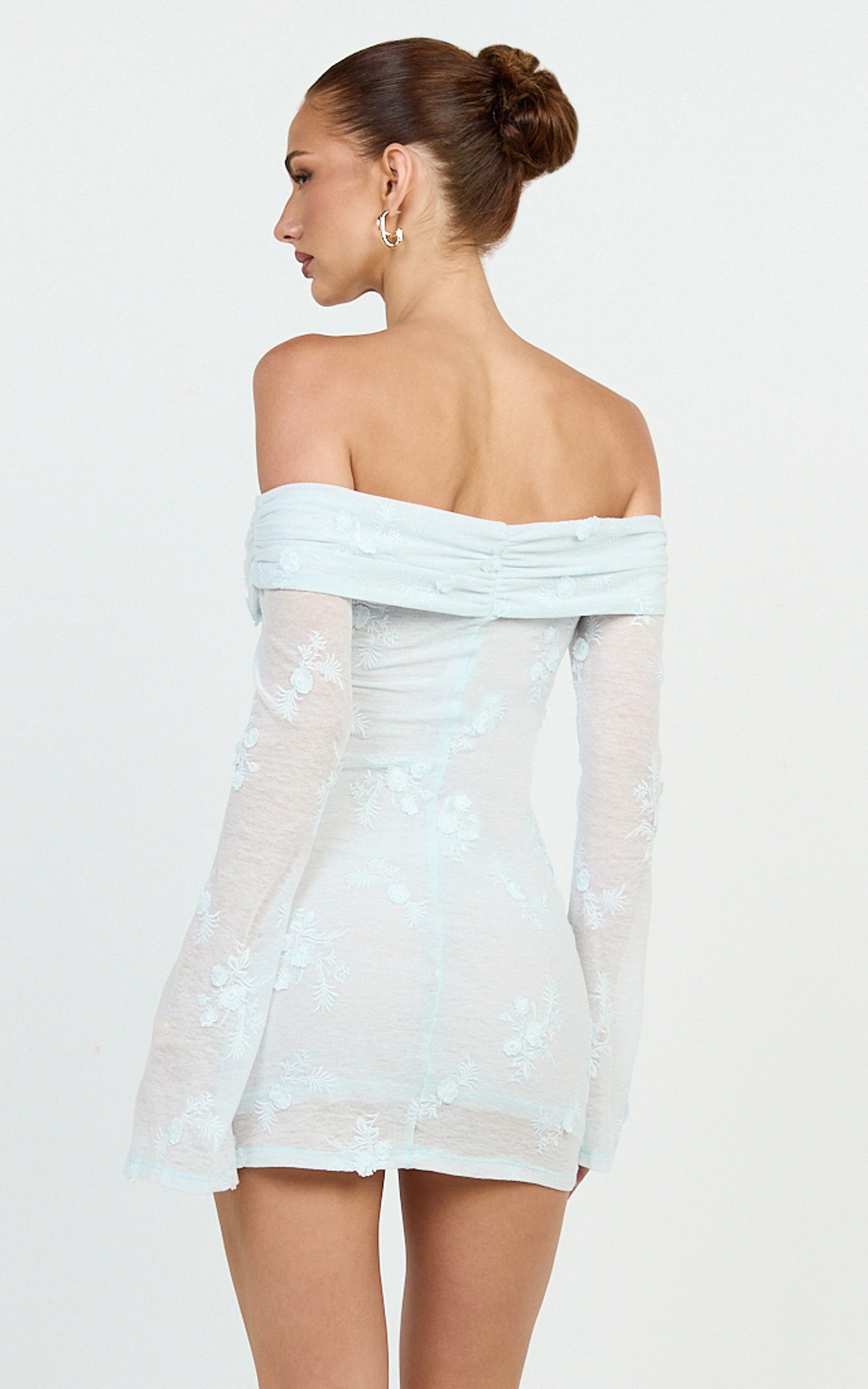 Raymond Mini Dress - Off Shoulder Long Sleeve Fitted Dress in Blue