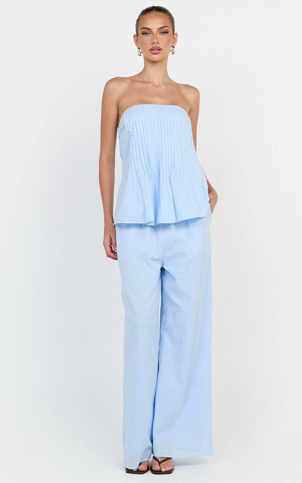 Carli Two Piece Top and Pants Set - Cotton Tube Pant Set in Blue