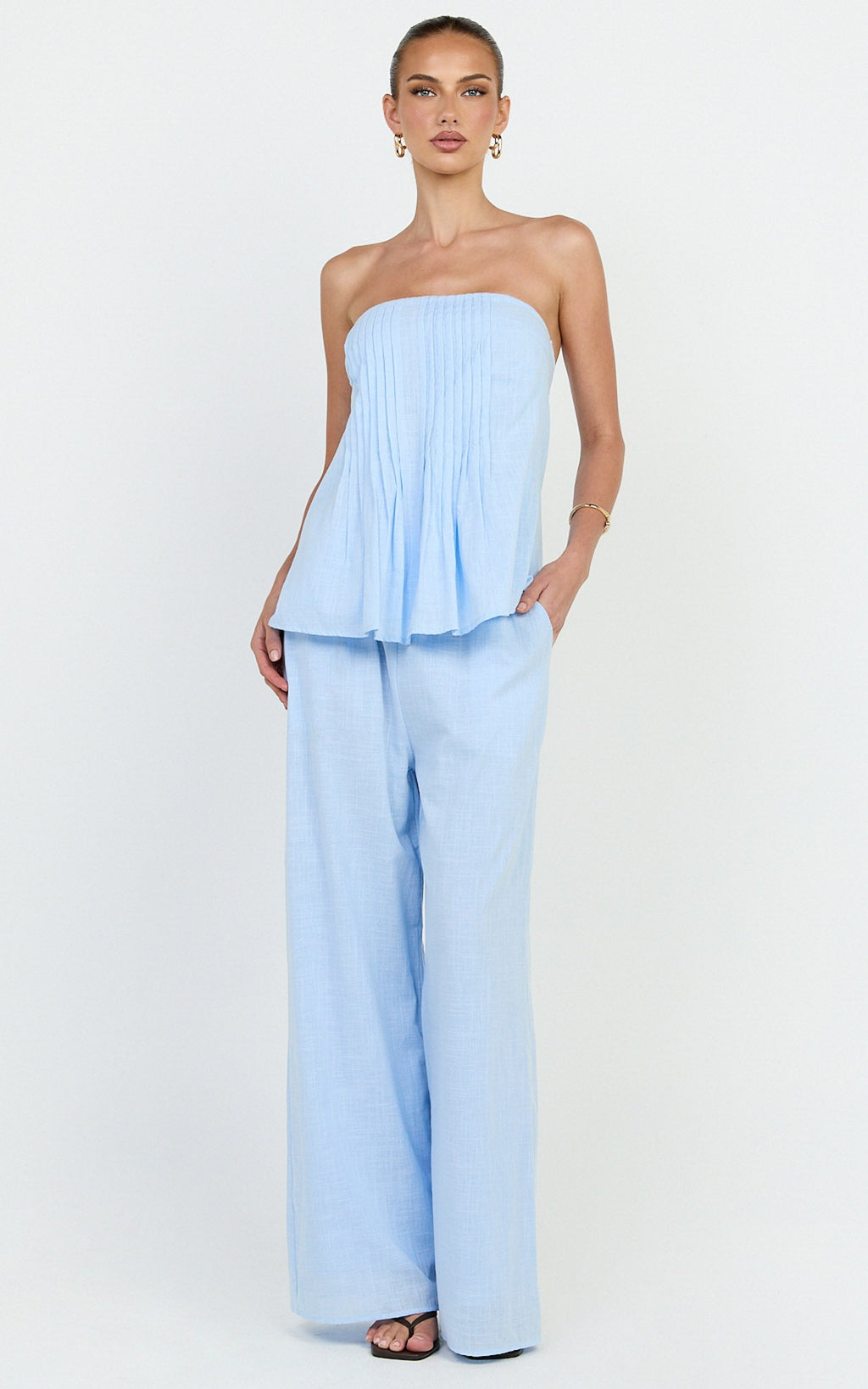 Carli Two Piece Top and Pants Set - Cotton Tube Pant Set in Blue