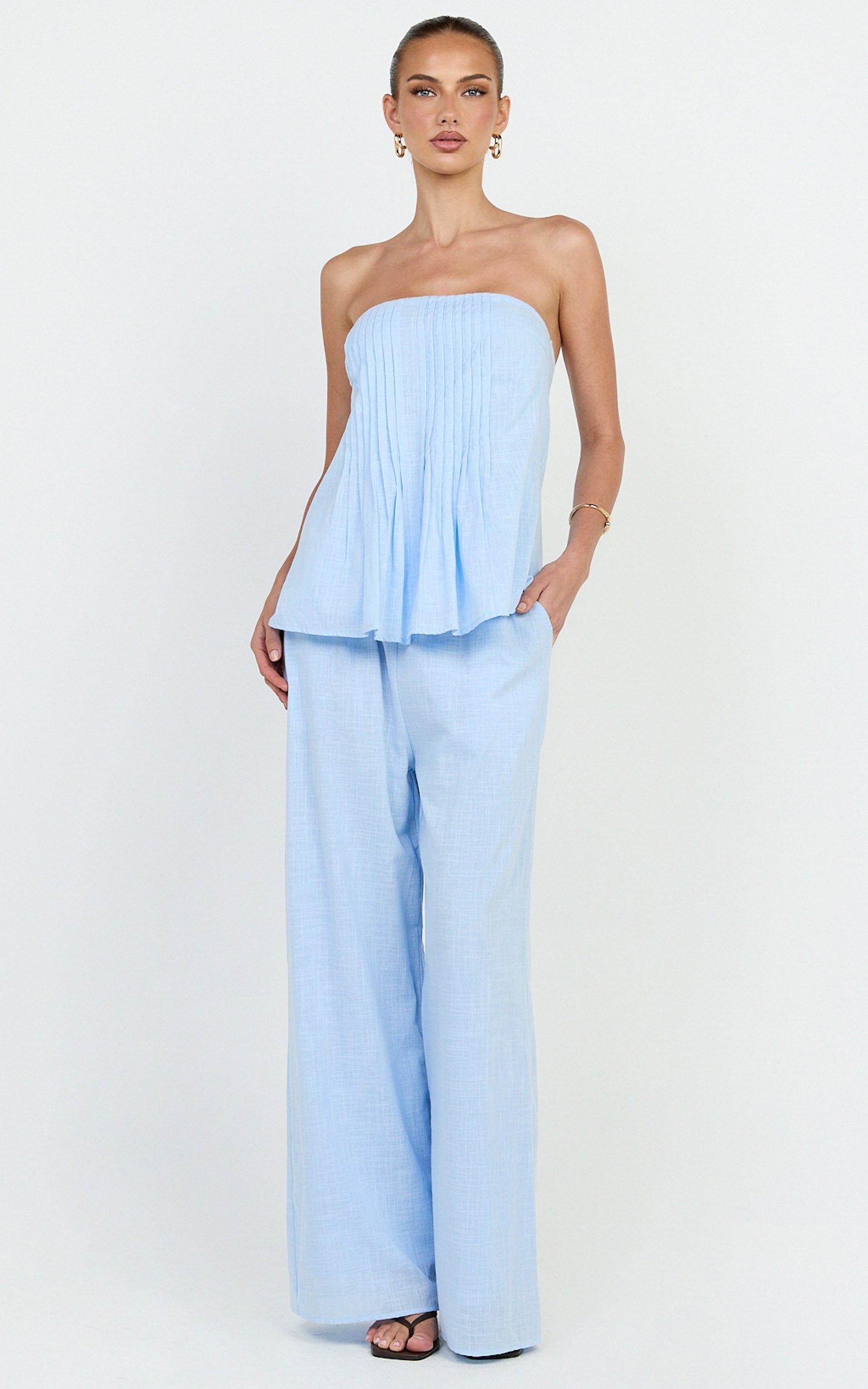 Carli Two Piece Top and Pants Set - Cotton Tube Pant Set in Blue