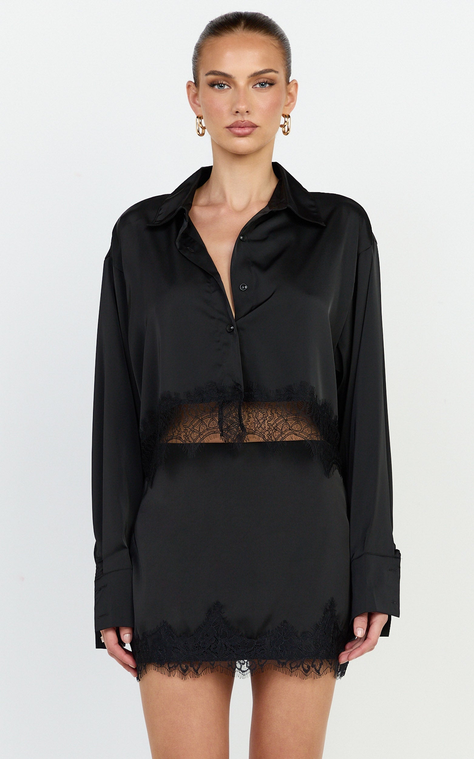 Gabrielle Top - Long Sleeve Shirt With Lace Trim in Black