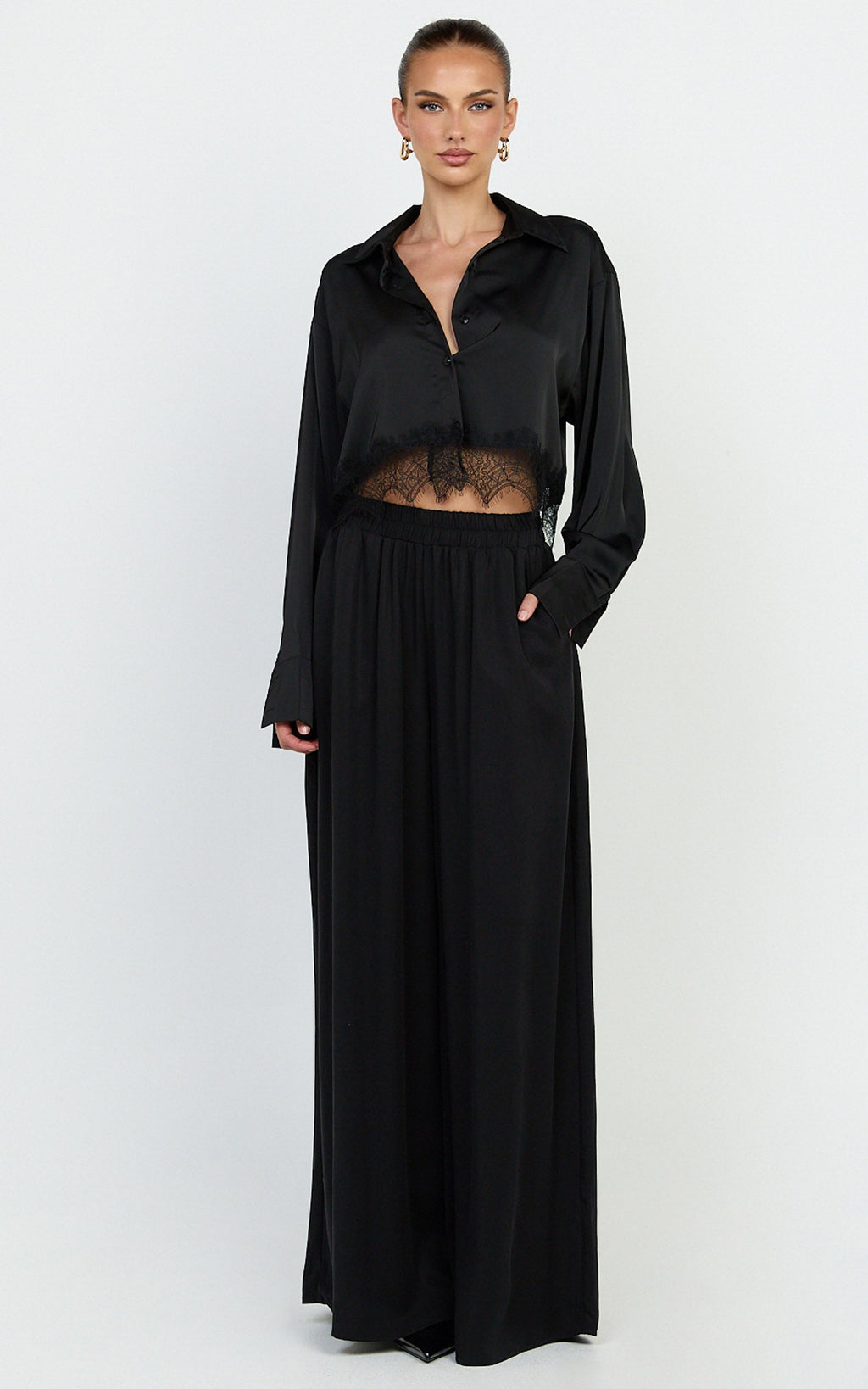 Gabrielle Top - Long Sleeve Shirt With Lace Trim in Black