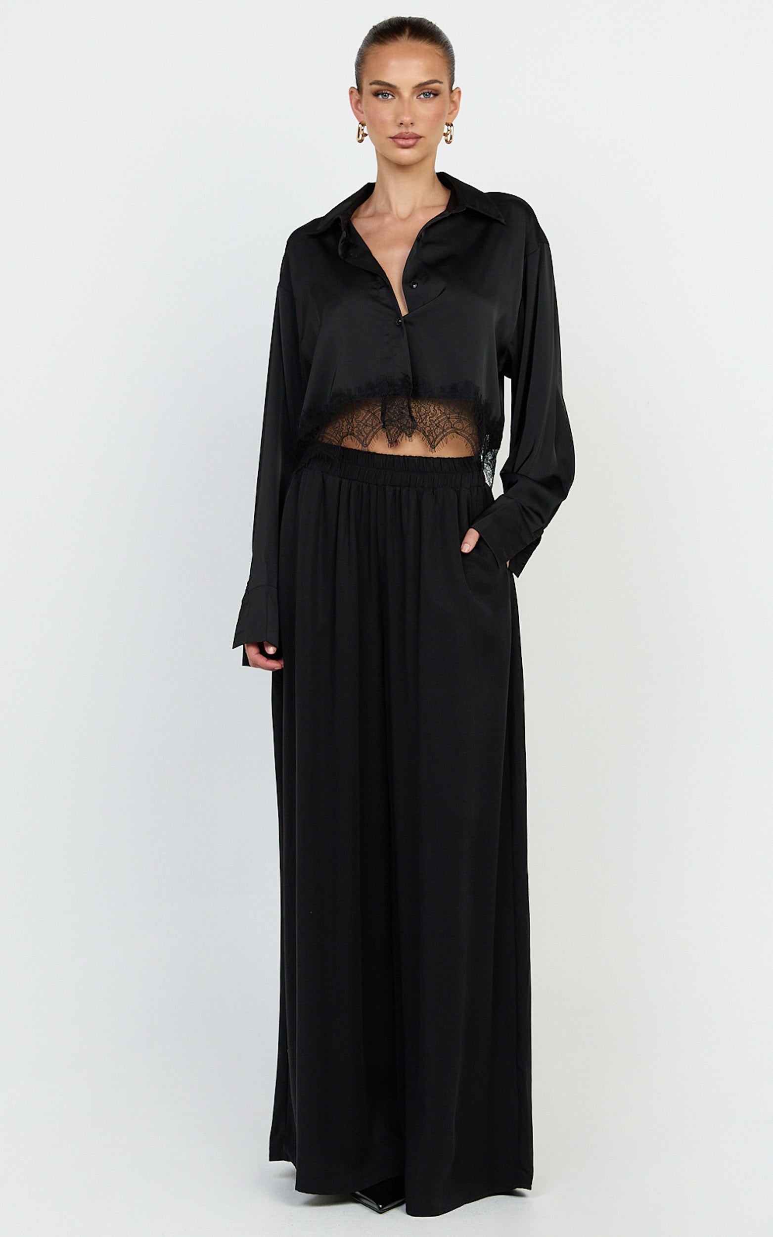 Gabrielle Top - Long Sleeve Shirt With Lace Trim in Black