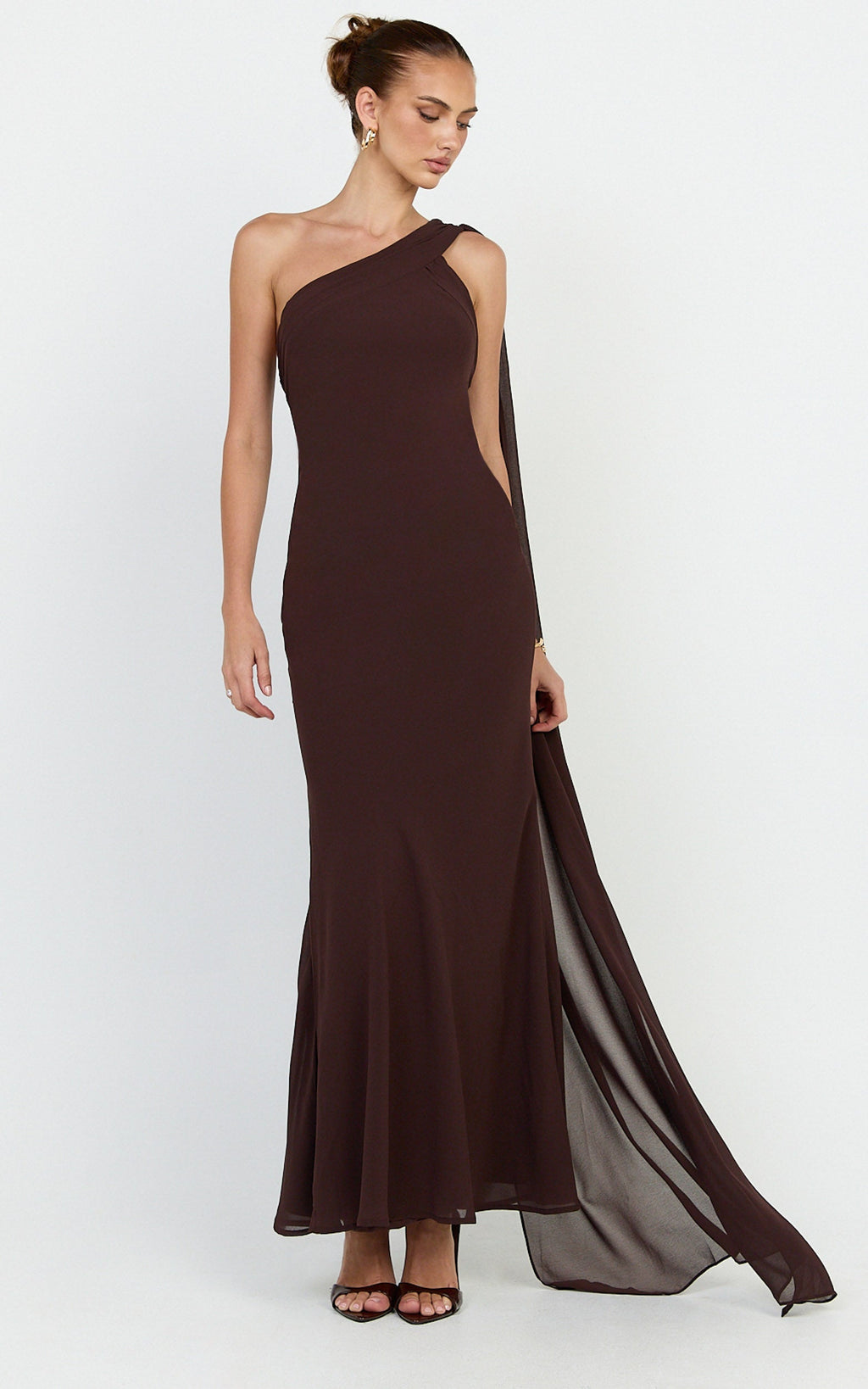 Carmilla  Maxi Dress - One Shoulder Scarf Dress in Chocolate
