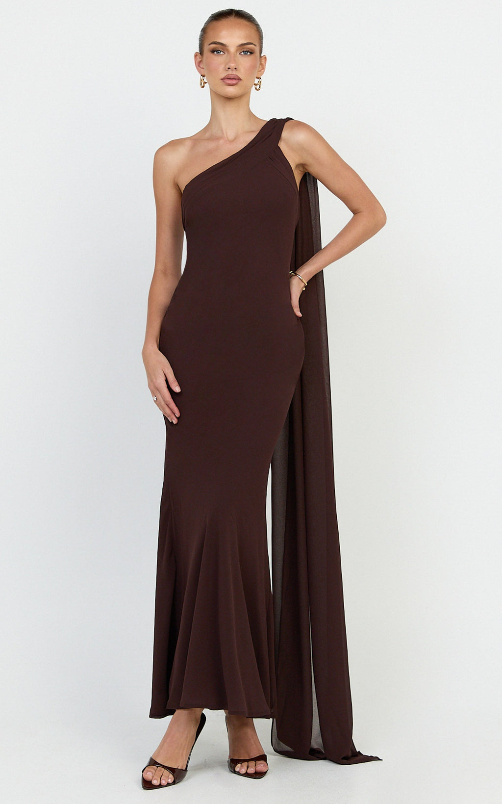 Carmilla  Maxi Dress - One Shoulder Scarf Dress in Chocolate