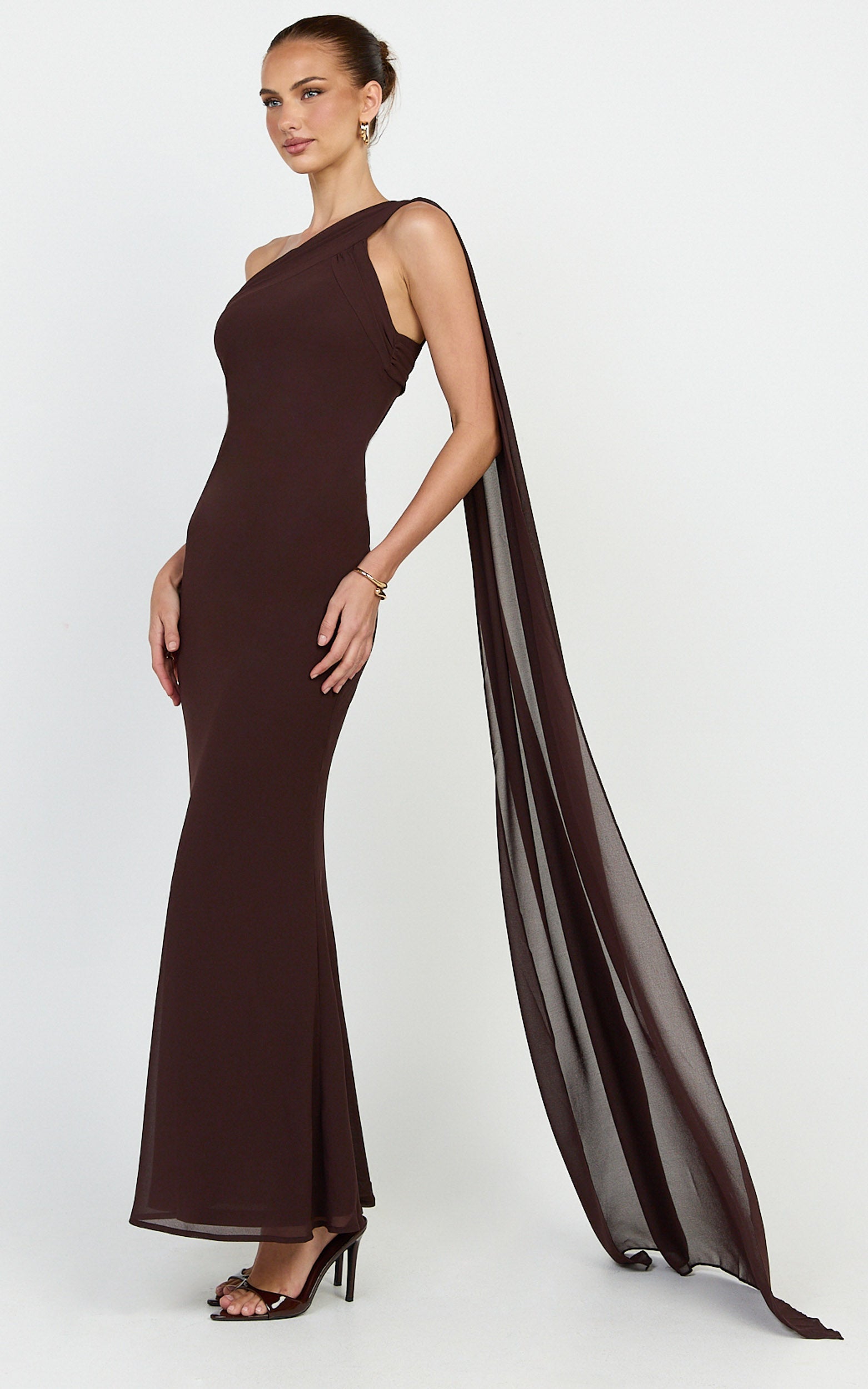 Carmilla  Maxi Dress - One Shoulder Scarf Dress in Chocolate