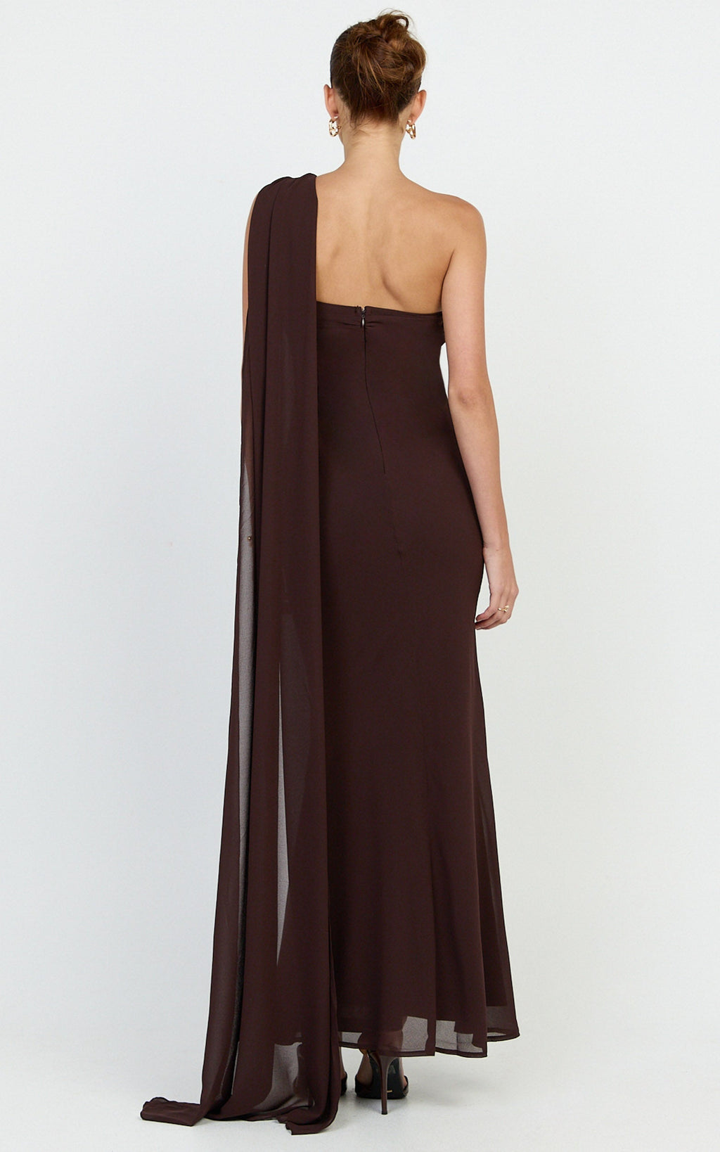Carmilla  Maxi Dress - One Shoulder Scarf Dress in Chocolate