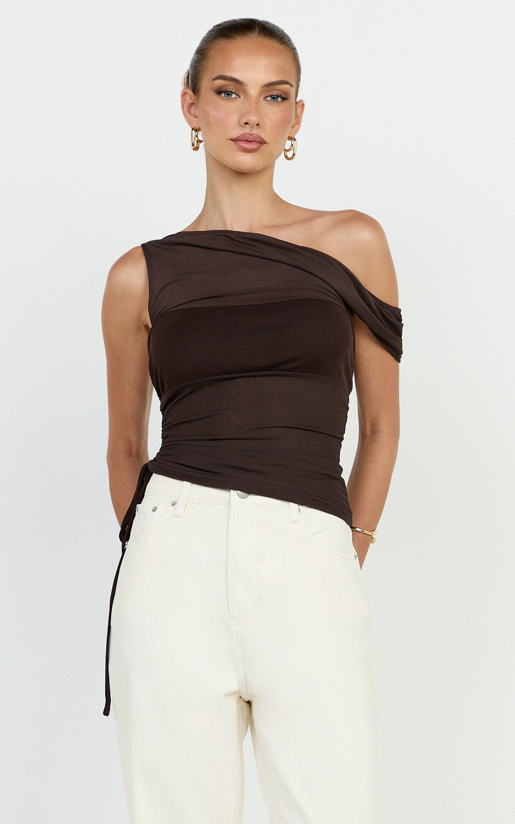 Astrid Top - Asymmetrical Off Shoulder Sleeveless Top in Chocolate