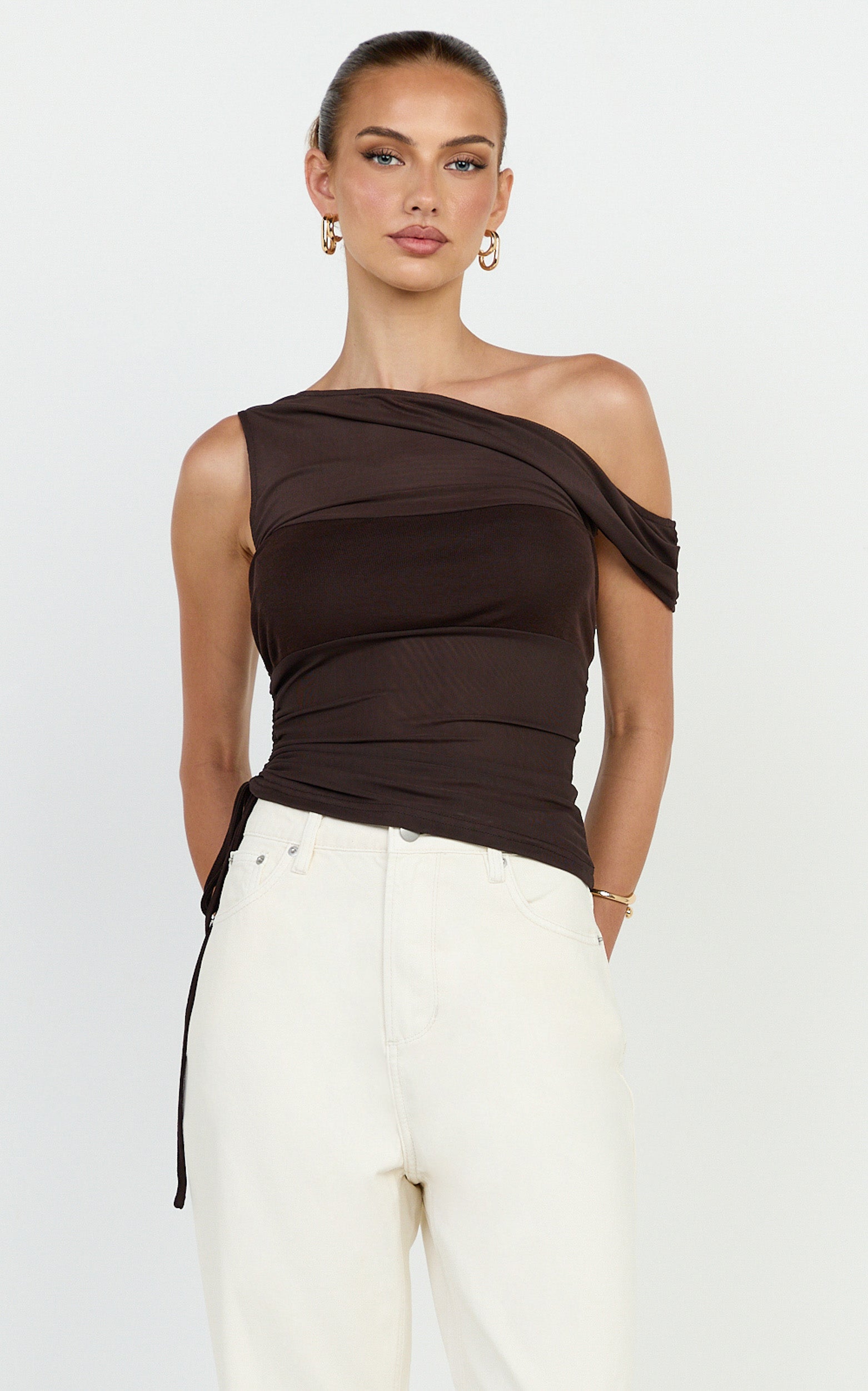 Astrid Top - Asymmetrical Off Shoulder Sleeveless Top in Chocolate