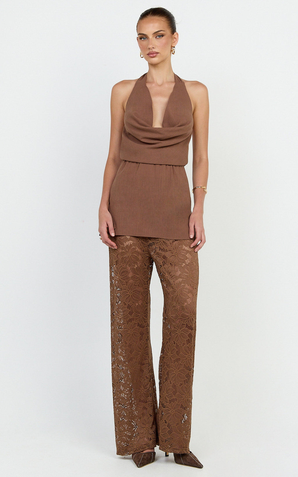 Charlotte Two Piece Set - Cowl Neck Set in Chocolate