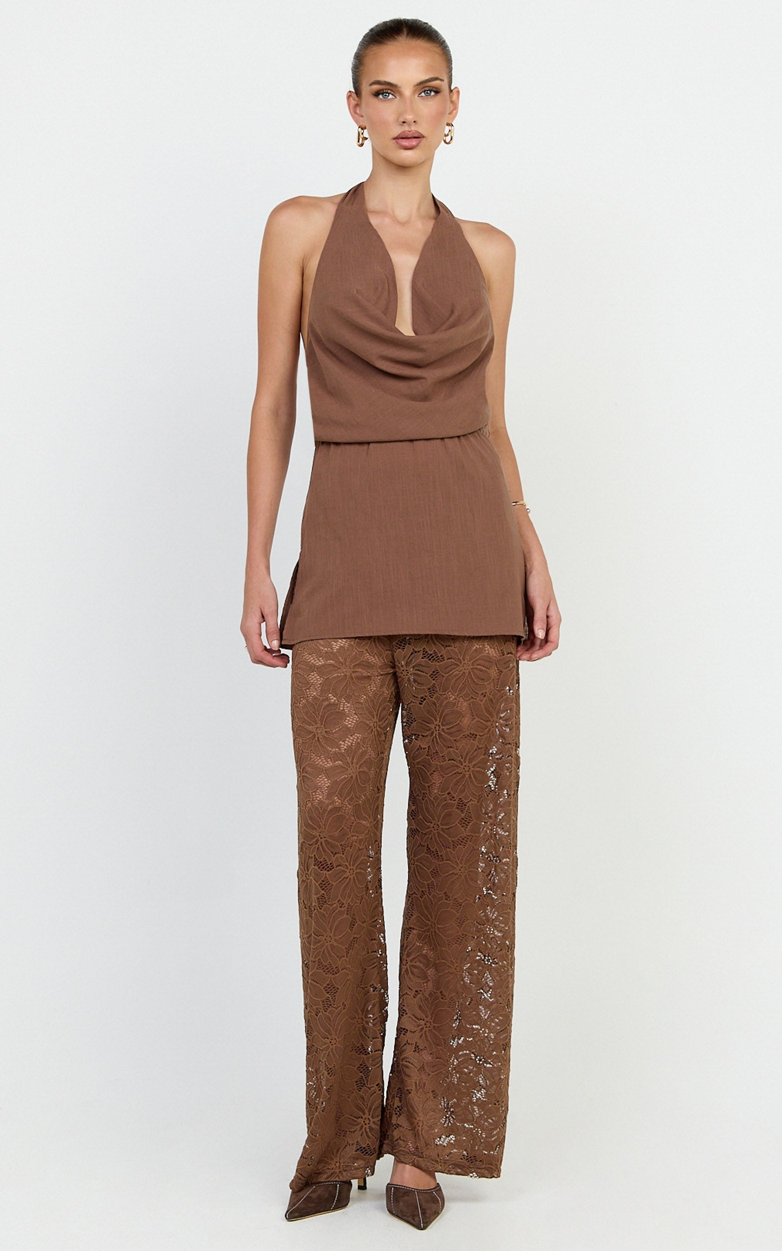 Charlotte Two Piece Set - Cowl Neck Set in Chocolate