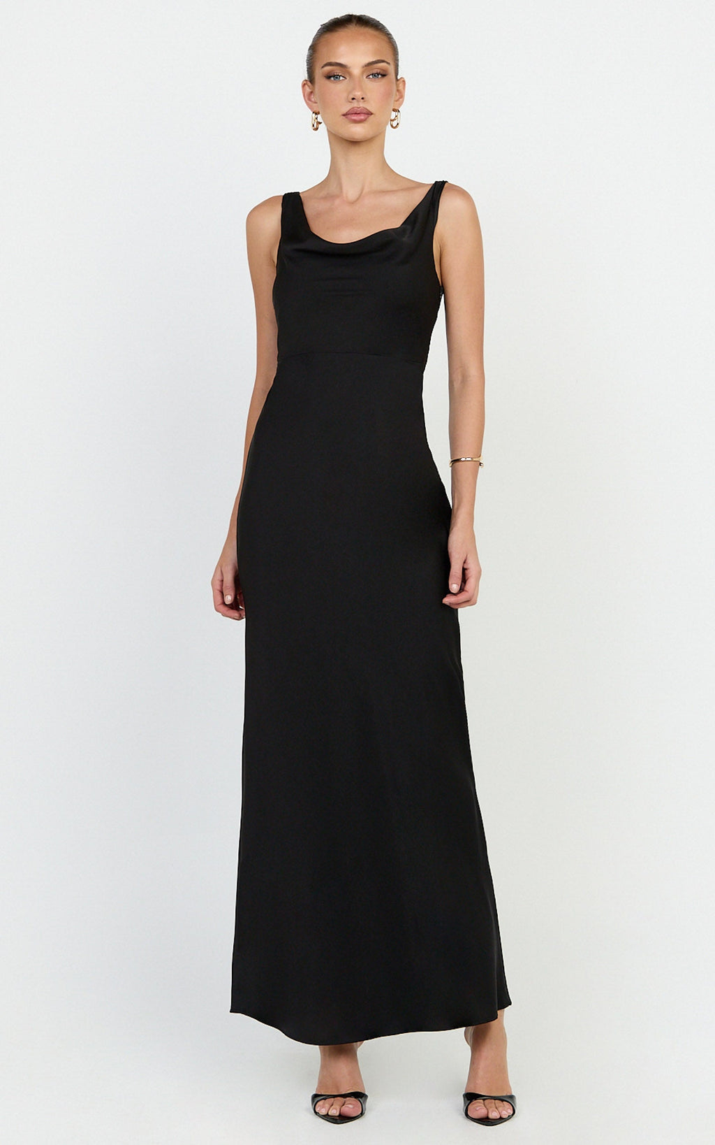 Harlow Maxi Dress - Cowl Neck Scooped Back Slip Dress in Black