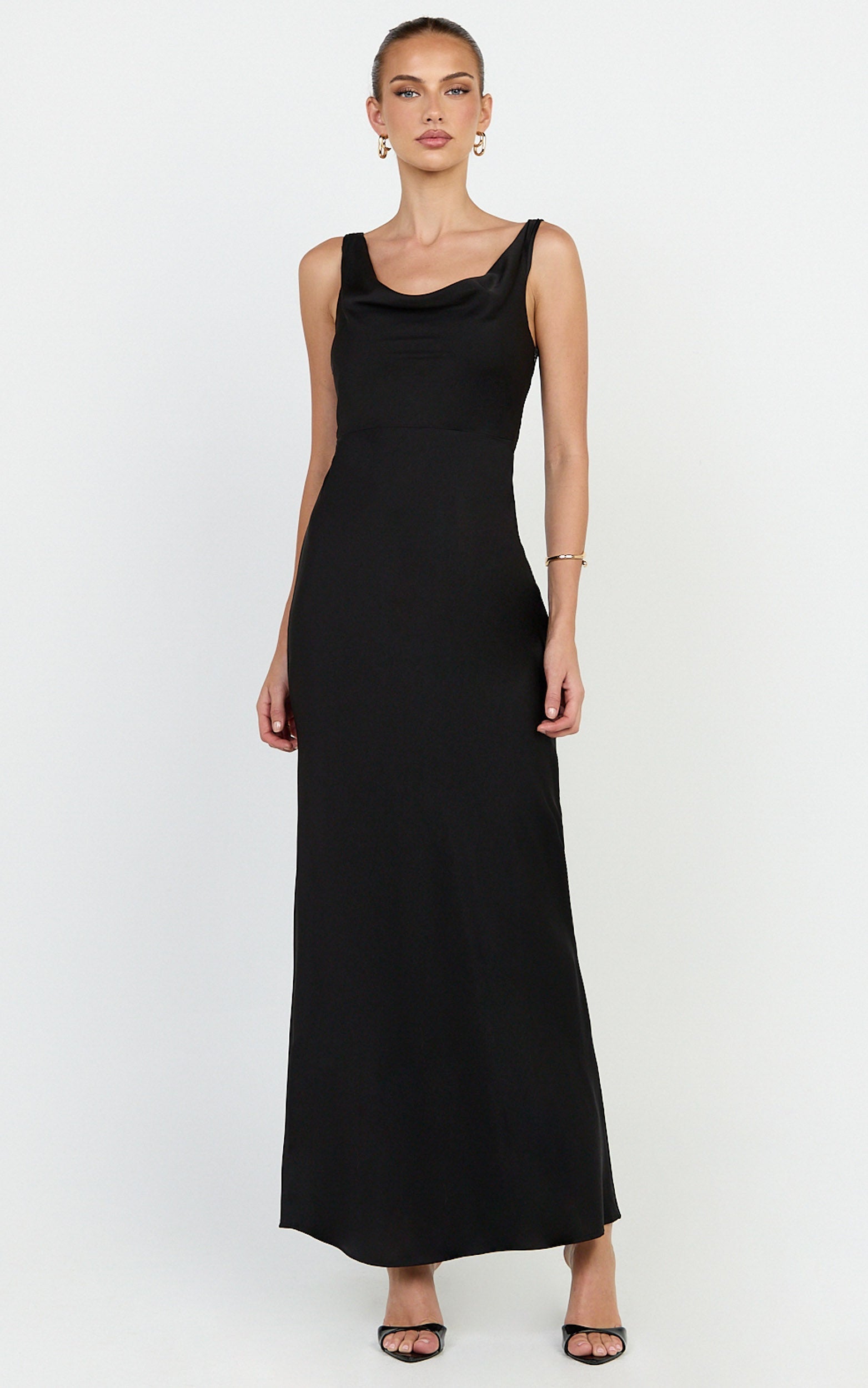 Harlow Maxi Dress - Cowl Neck Scooped Back Slip Dress in Black