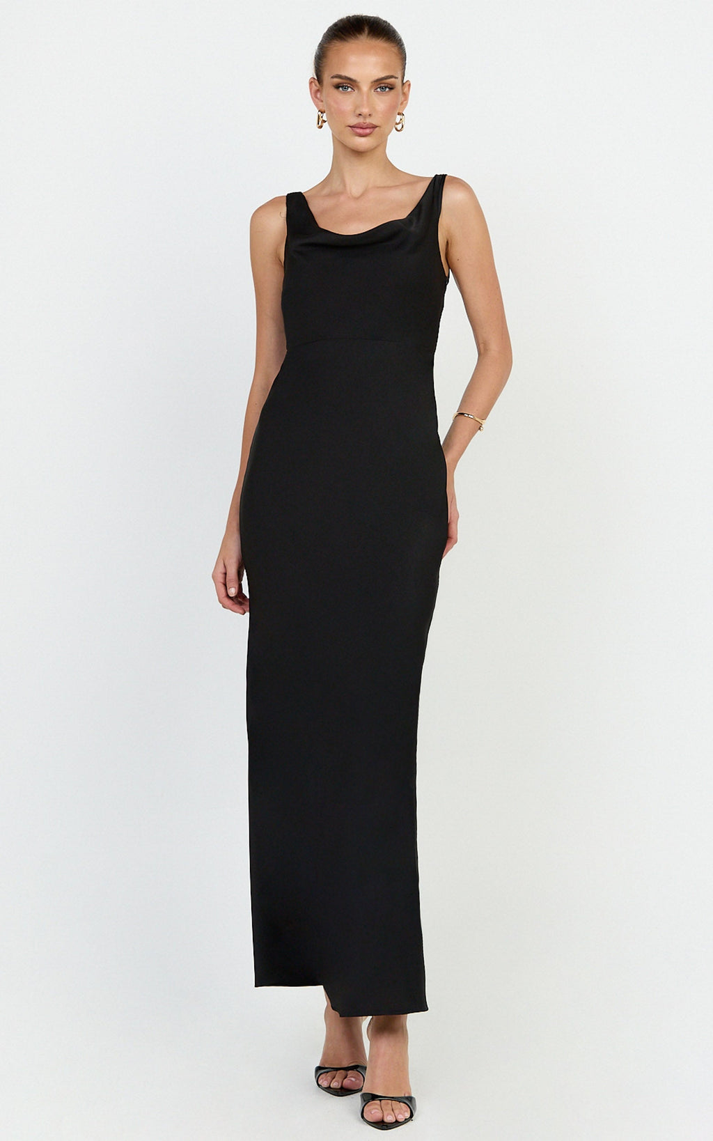 Harlow Maxi Dress - Cowl Neck Scooped Back Slip Dress in Black