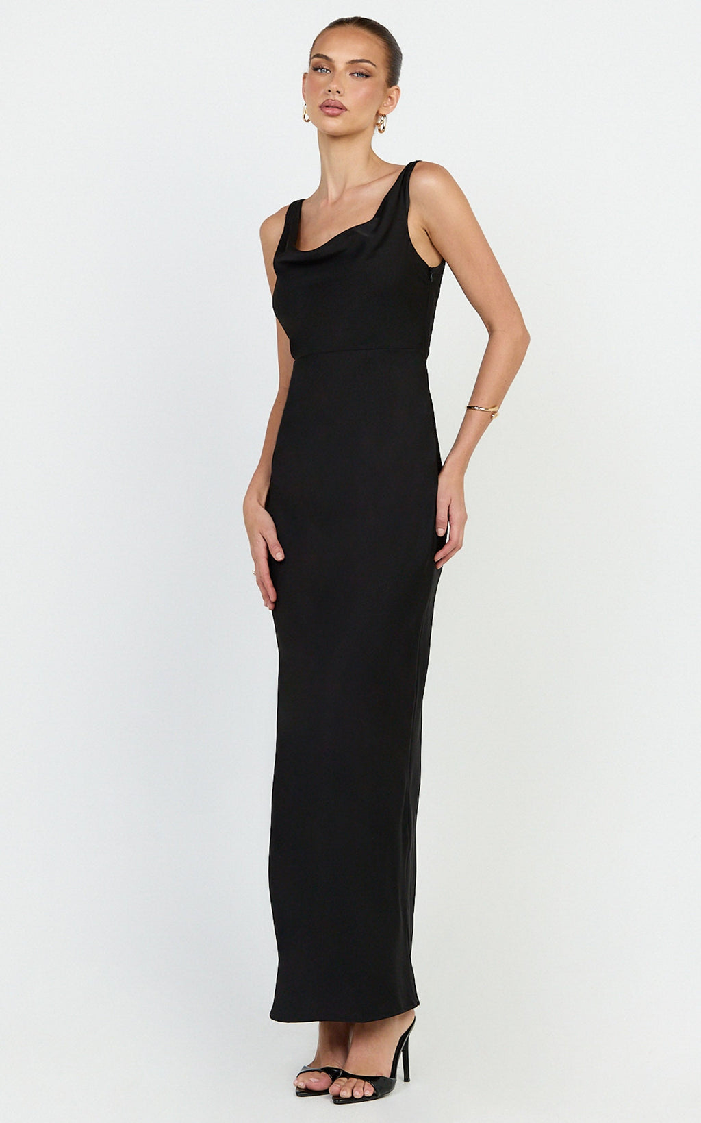 Harlow Maxi Dress - Cowl Neck Scooped Back Slip Dress in Black
