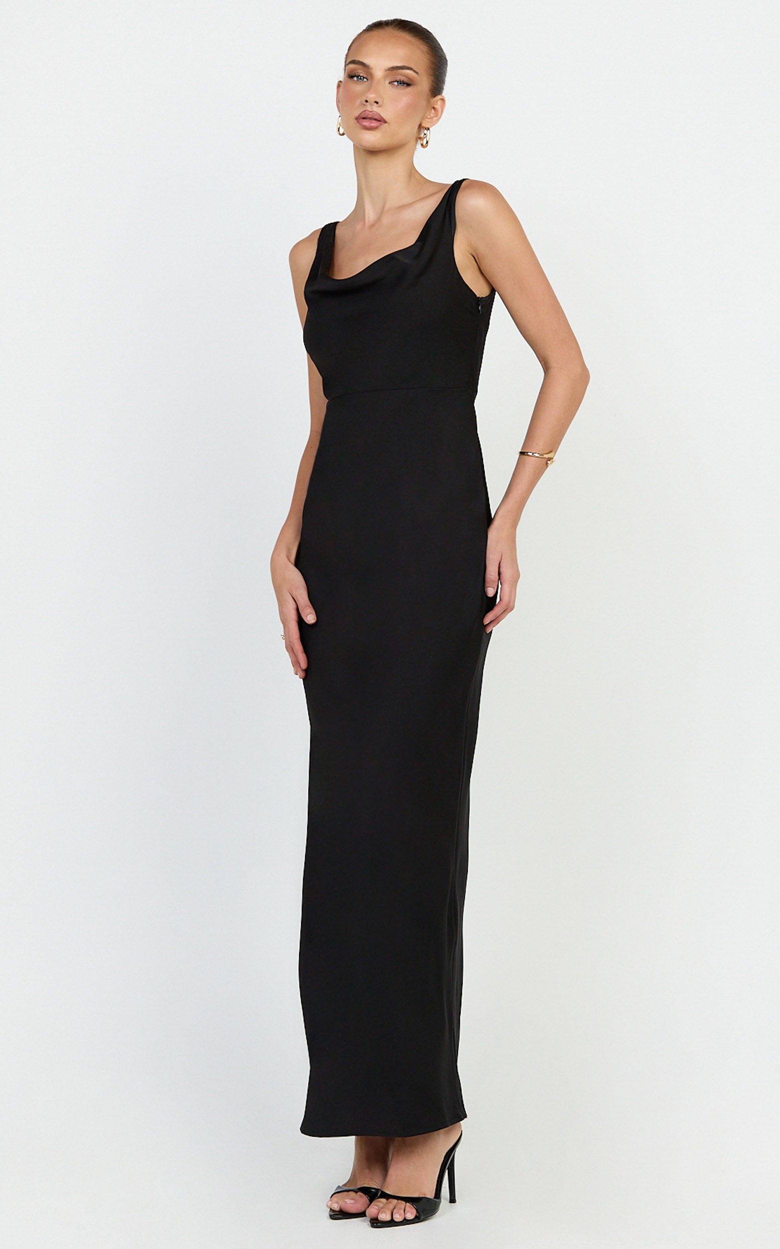Harlow Maxi Dress - Cowl Neck Scooped Back Slip Dress in Black